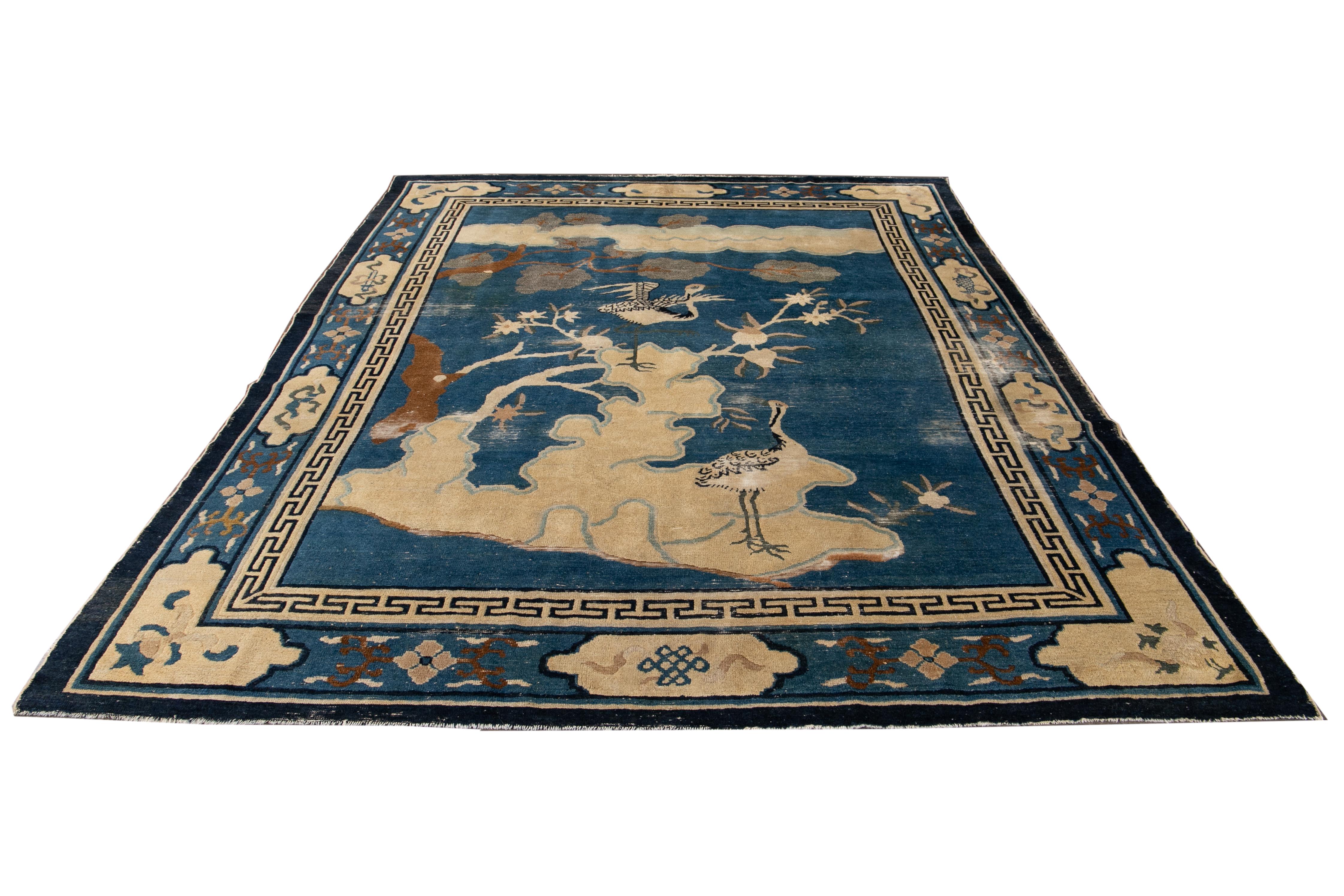 Art Deco Antique Blue Chinese Peking Bird Design Wool Rug 7 Ft 8 In X 9 Ft 5 In. For Sale