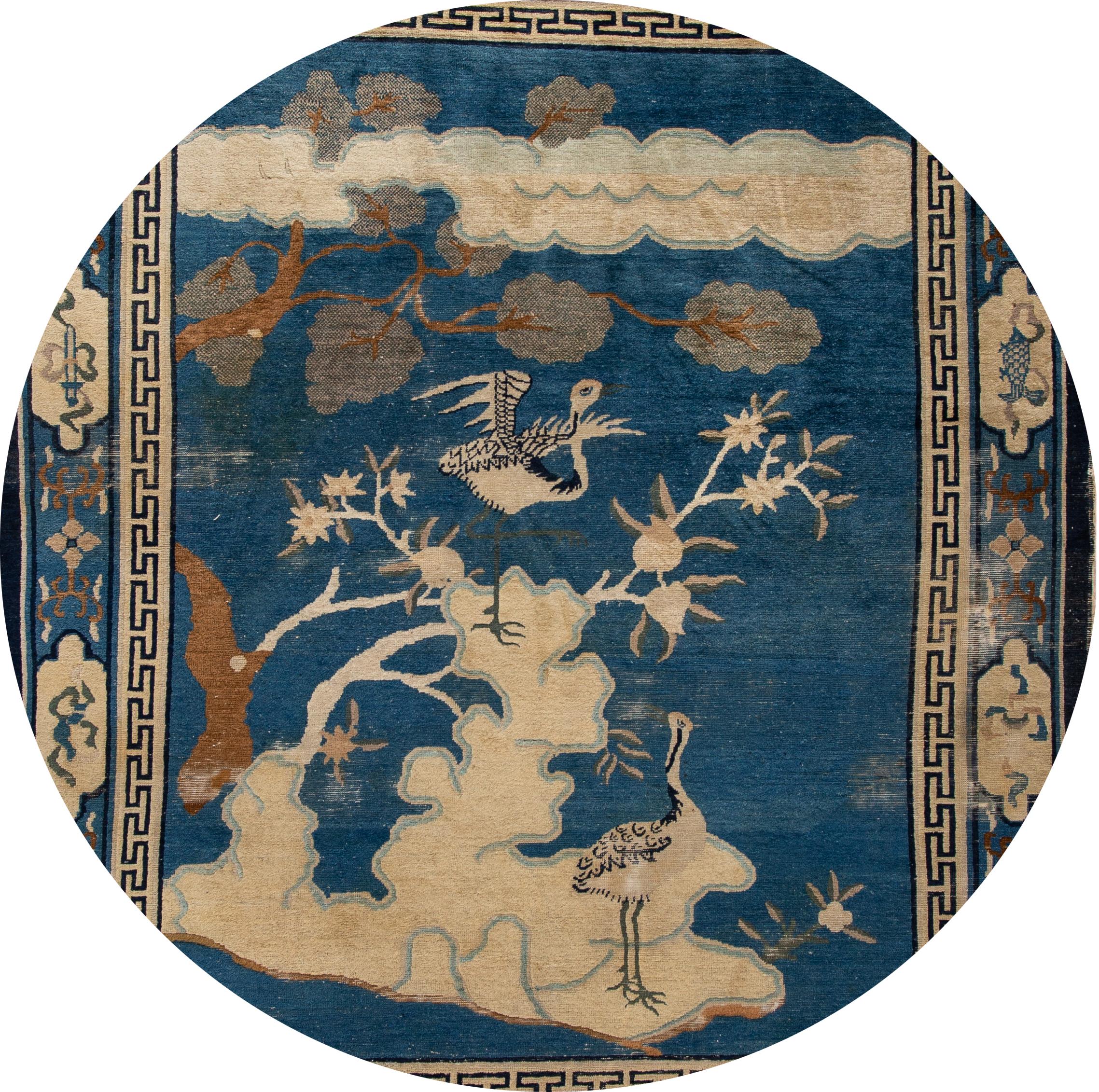 Hand-Knotted Antique Blue Chinese Peking Bird Design Wool Rug 7 Ft 8 In X 9 Ft 5 In. For Sale