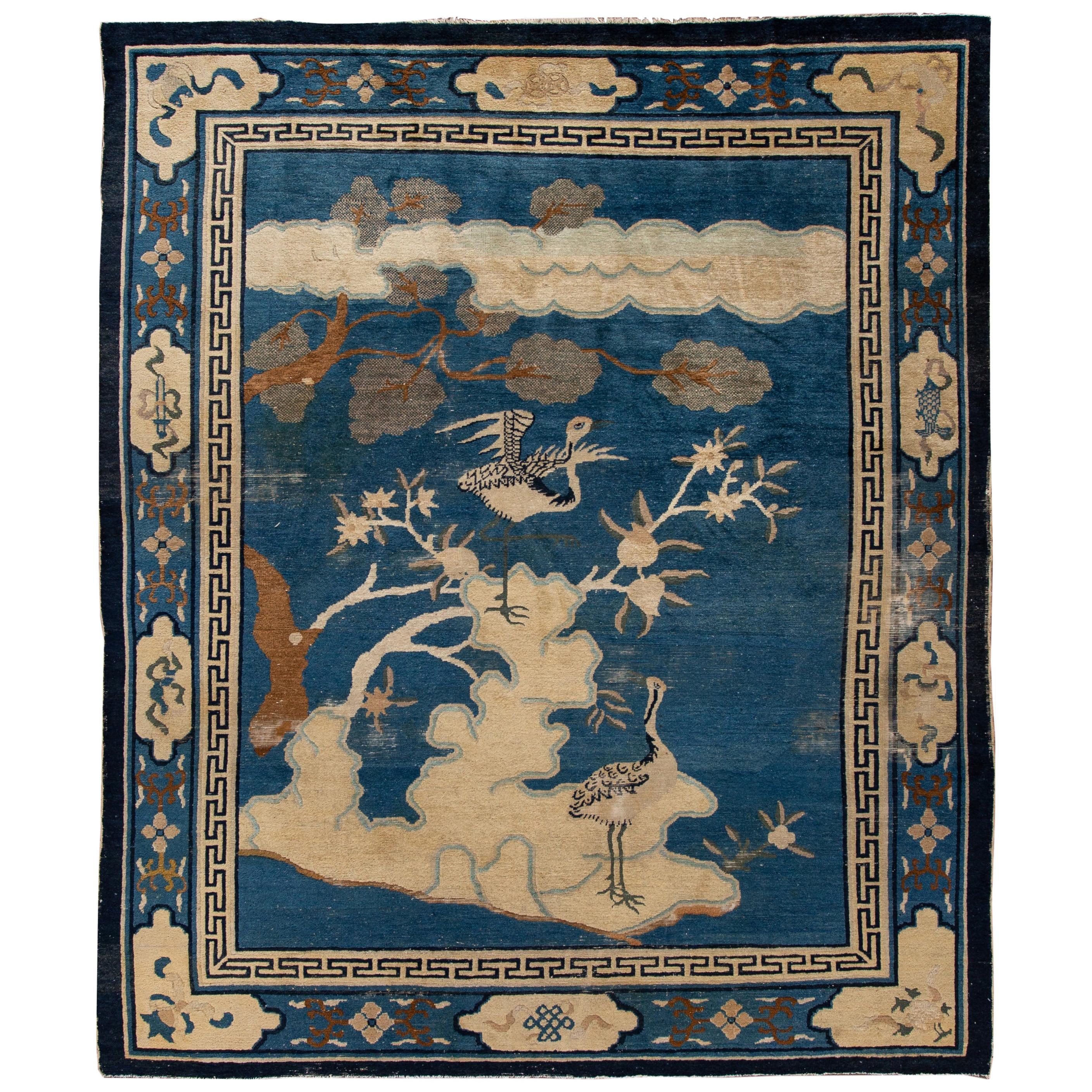 Antique Blue Chinese Peking Bird Design Wool Rug 7 Ft 8 In X 9 Ft 5 In. For Sale
