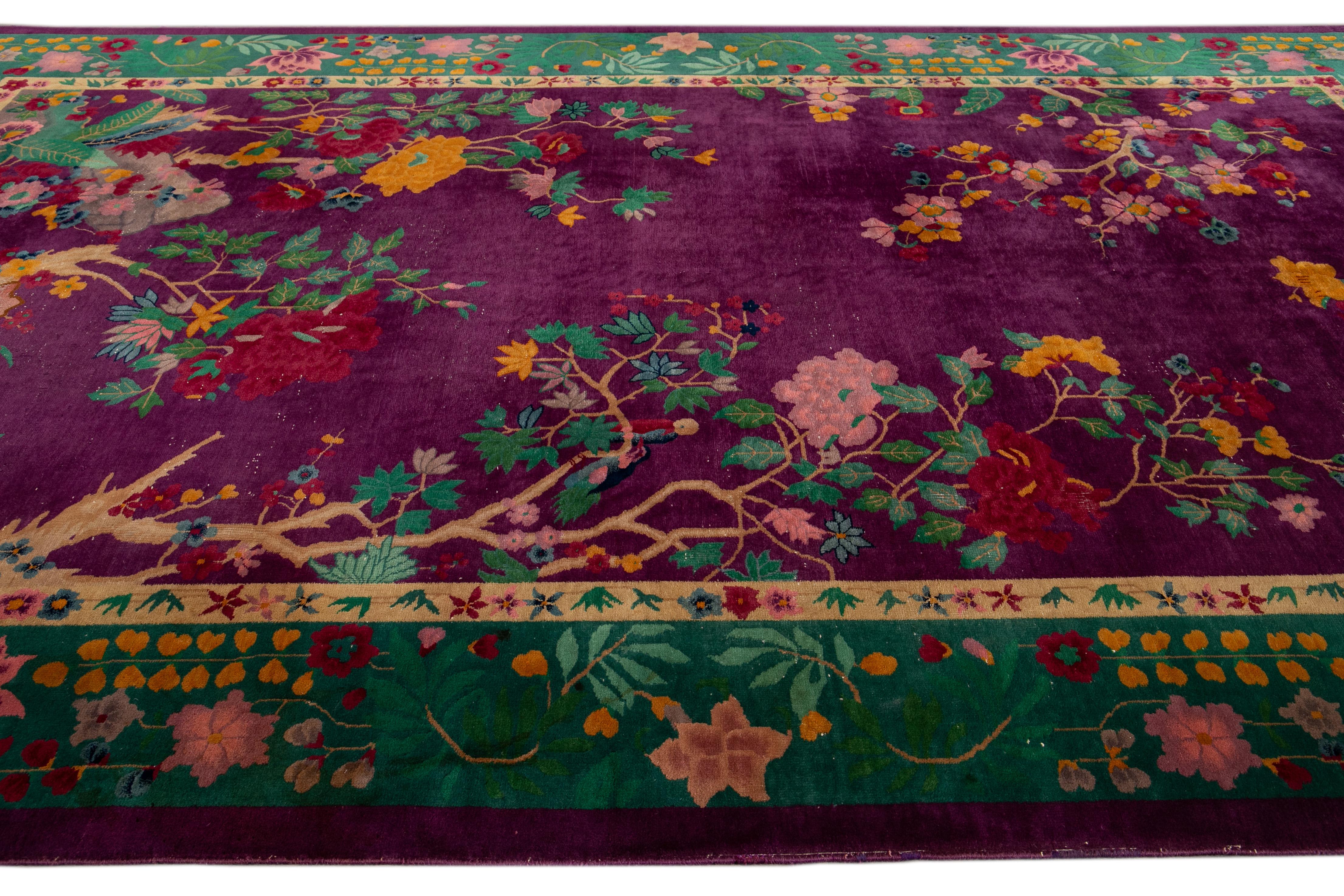 Wool Antique Purple Art Deco Chinese Rug 8 Ft 9 In X 14 Ft 3 In.  For Sale