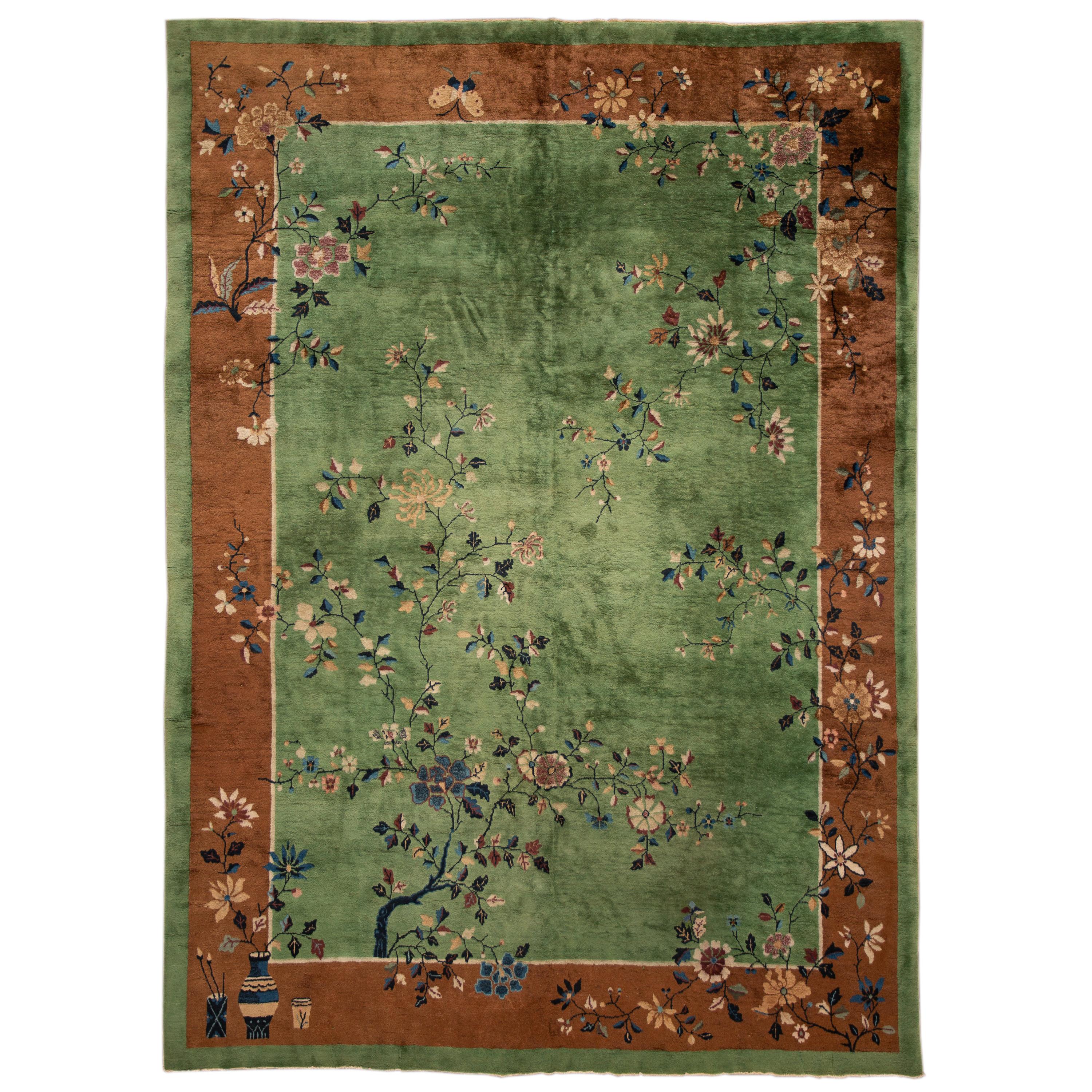 Antique Green Art Deco Chinese Wool Rug 9 Ft X 11 Ft 6 In.