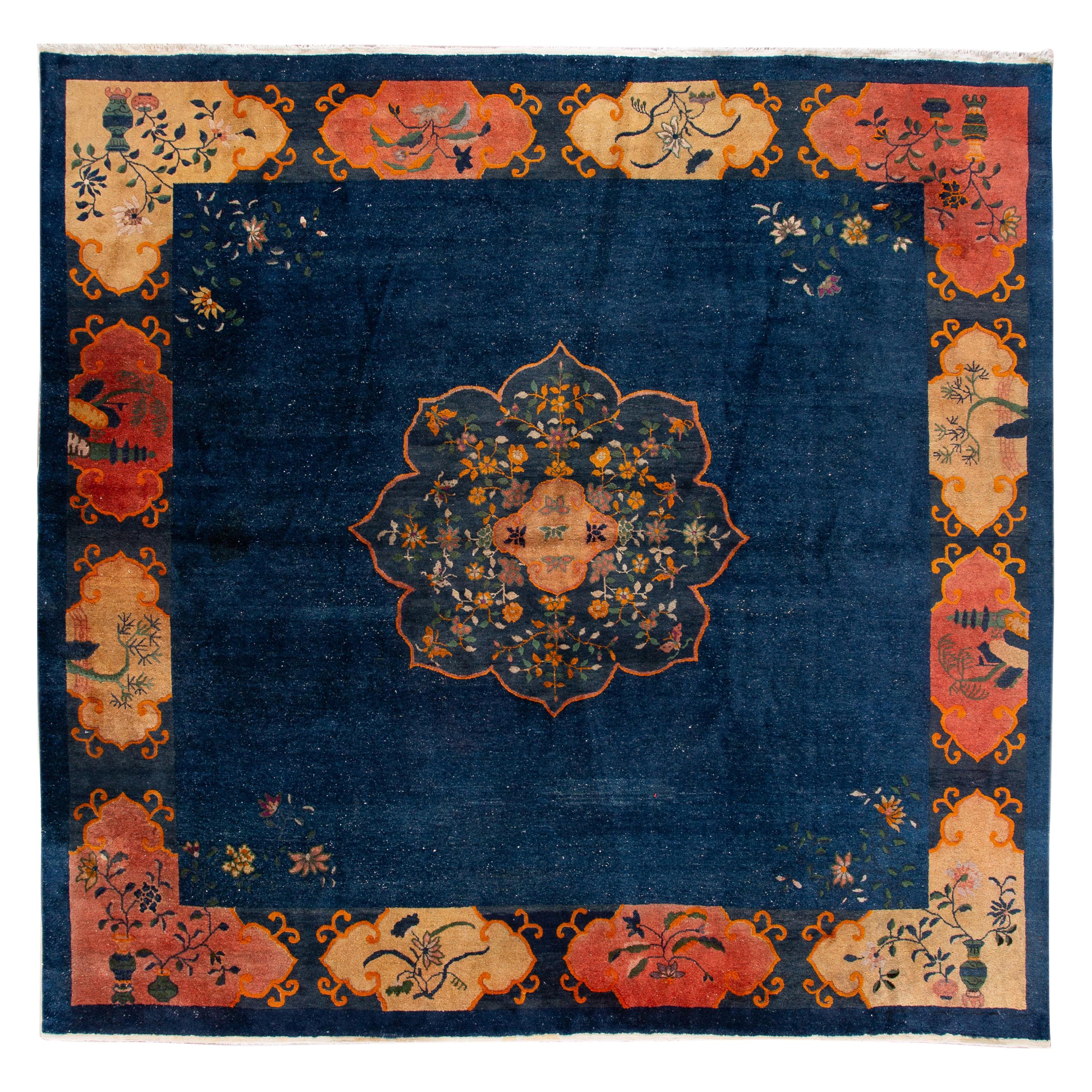 Early 20th Century Antique Art Deco Chinese Square Wool Rug For Sale