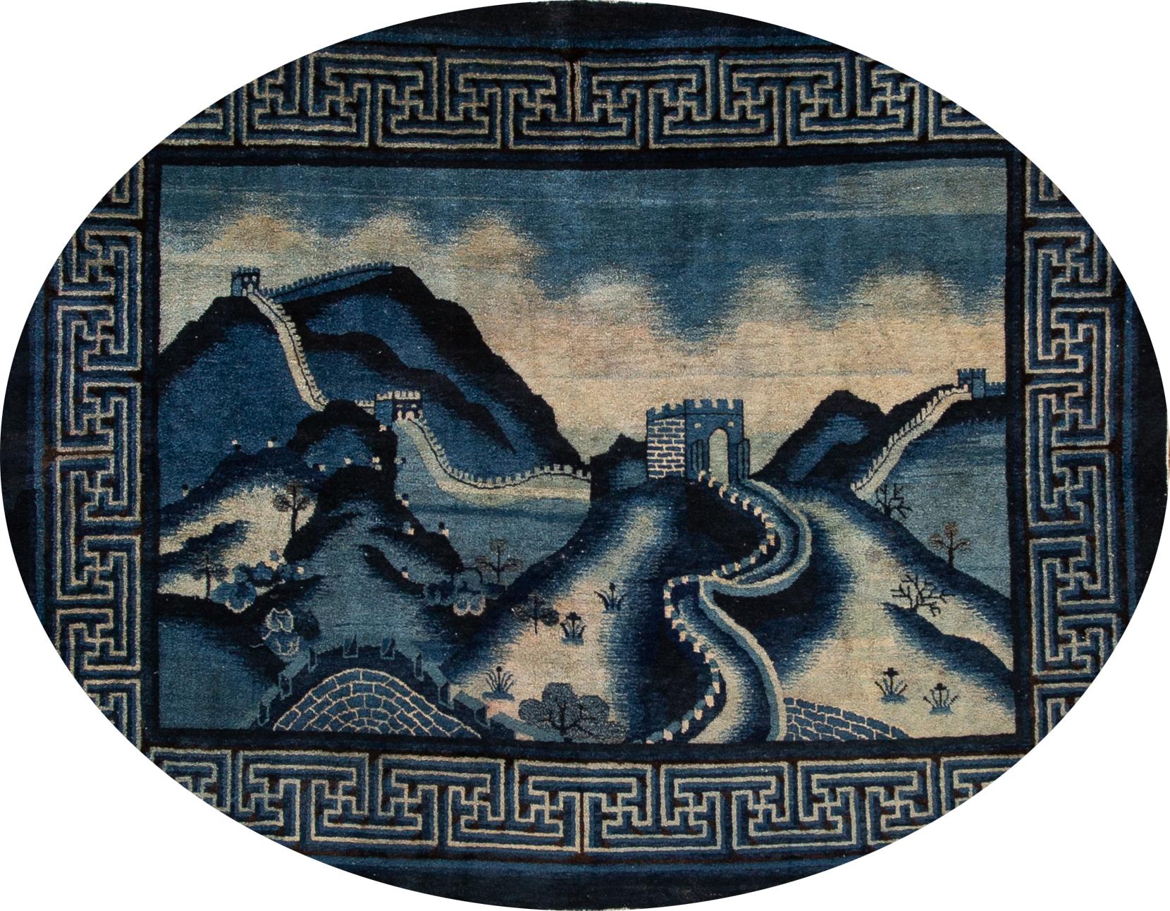 Beautiful antique Chinese Art Deco square rug 6 x 7, hand knotted wool with a navy blue field, and a tan accents in a subtle all-over Classic Chinese art design. The great Chines wall
This rug measures 5'7” x 7'2”.
 