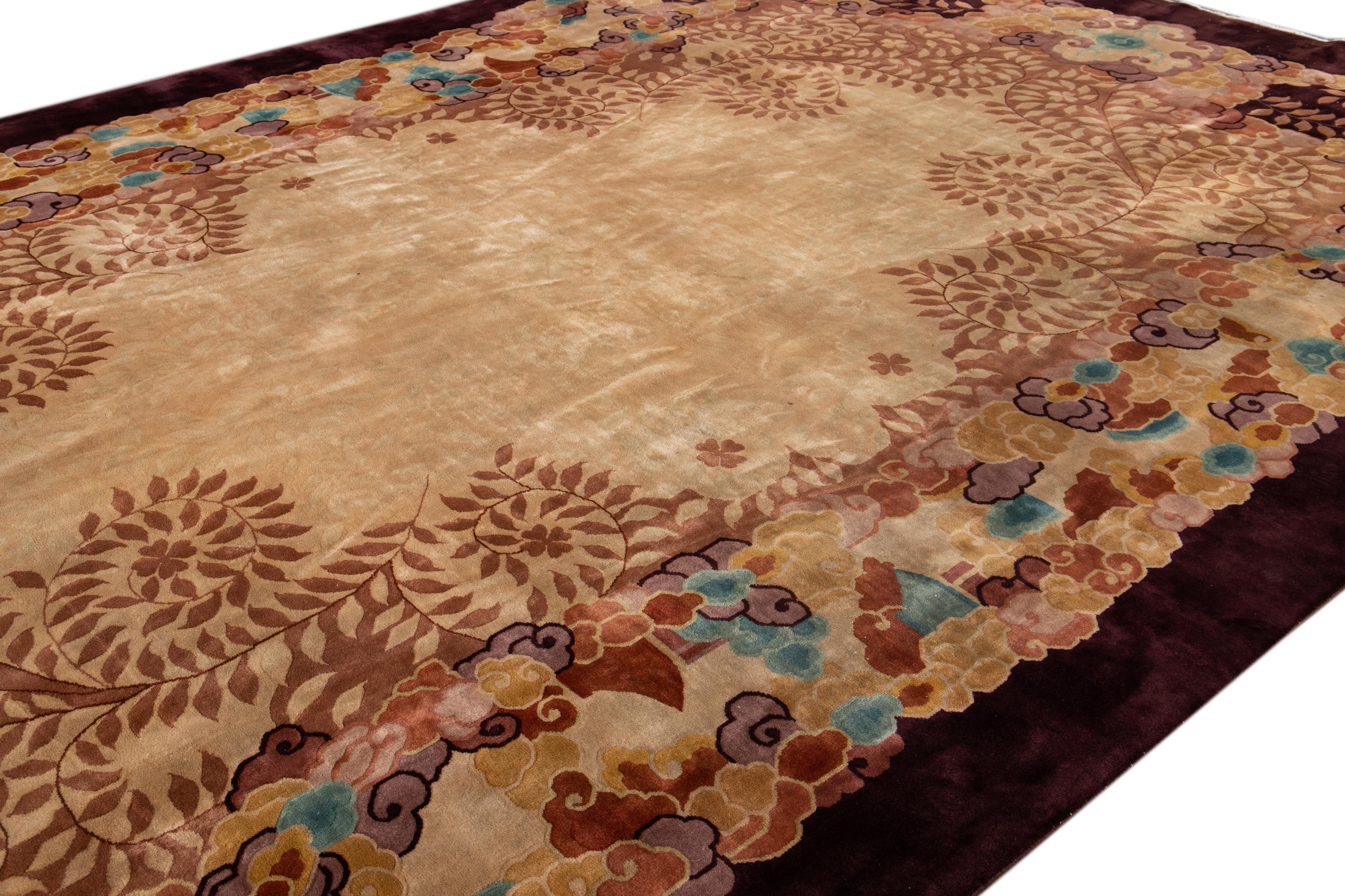 Antique Goldenrod Art Deco Chinese Wool Rug 10b Ft 9 In X 16 Ft 6 In. In Excellent Condition For Sale In Norwalk, CT