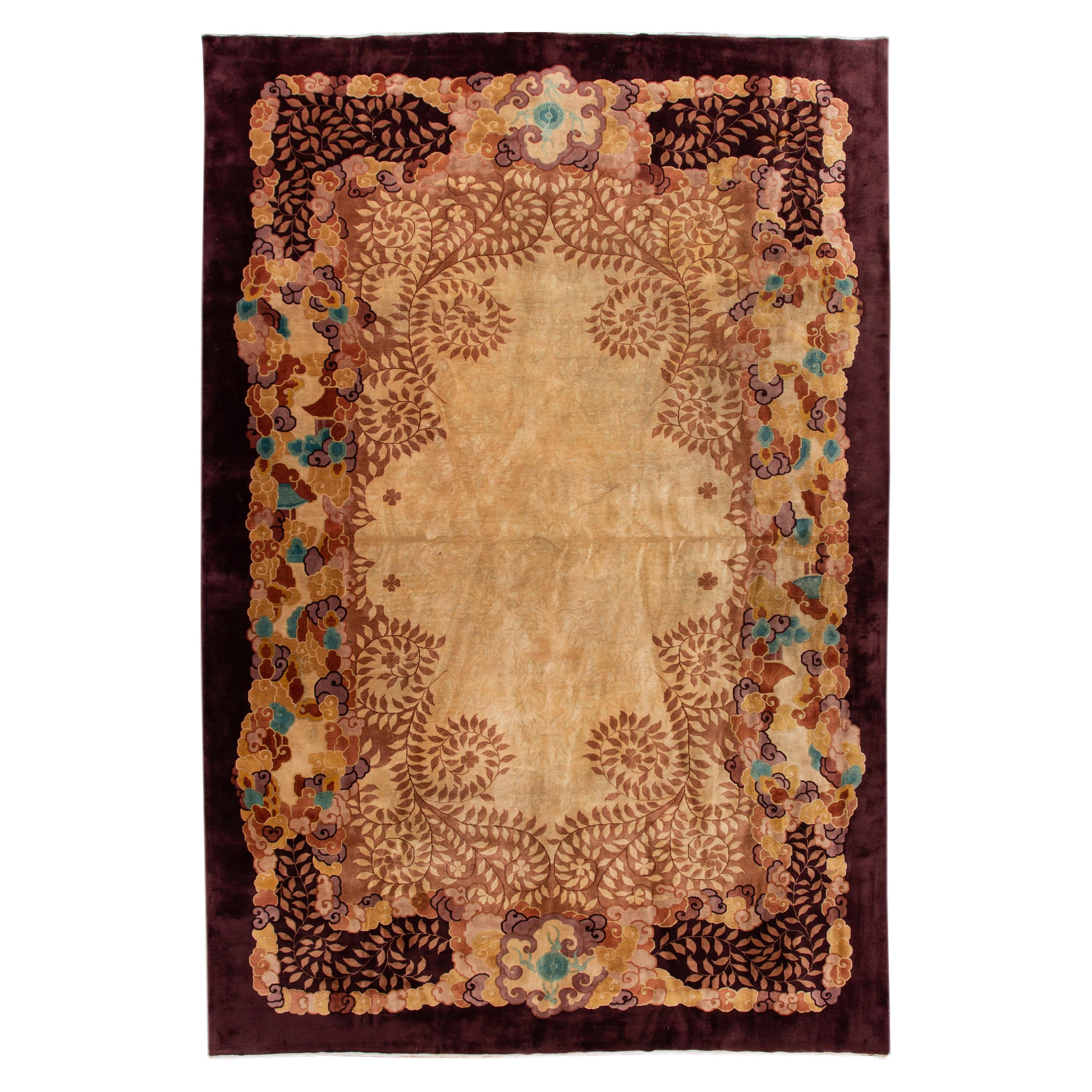 Antique Goldenrod Art Deco Chinese Wool Rug 10b Ft 9 In X 16 Ft 6 In. For Sale