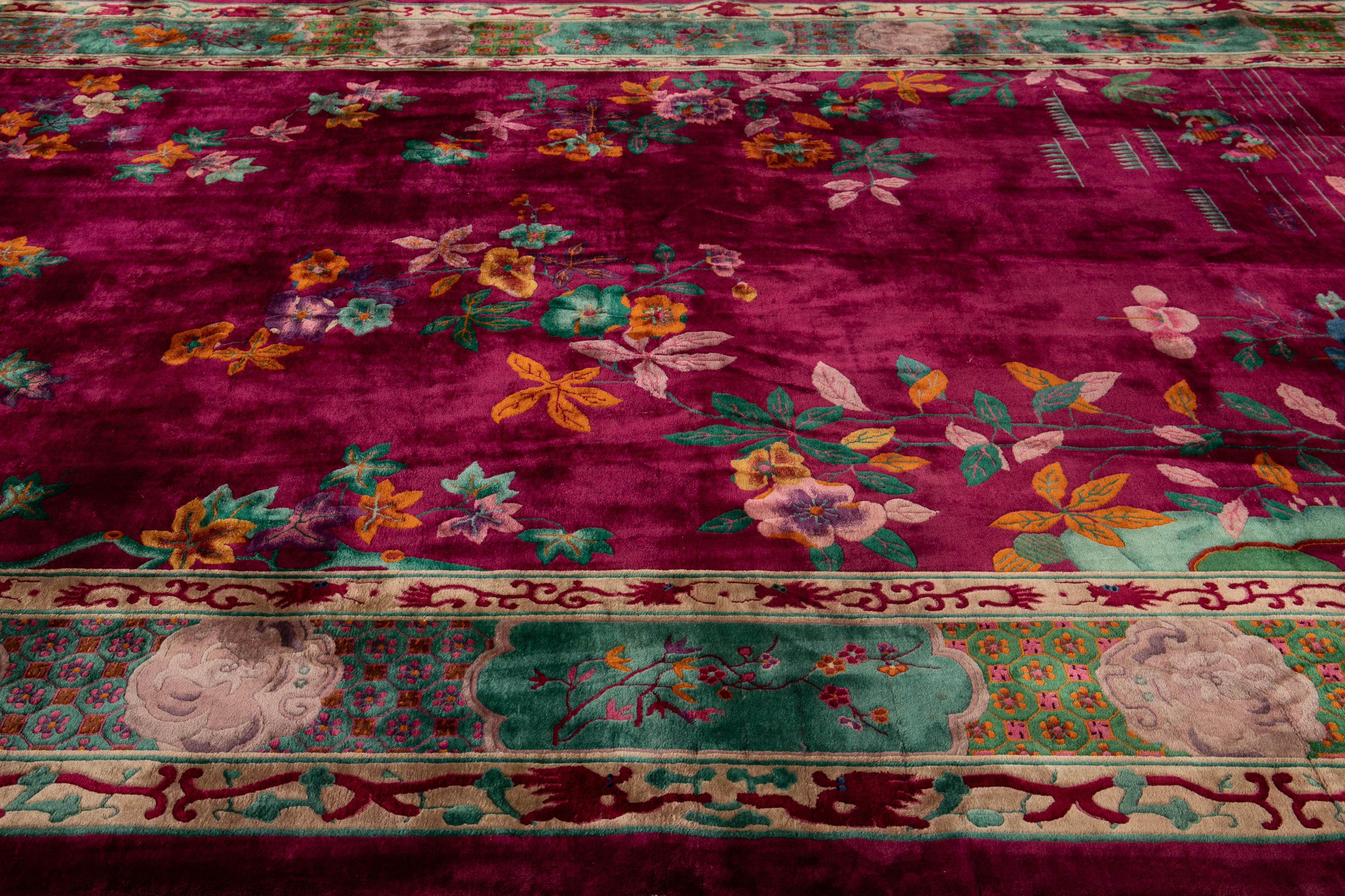 Large Antique Red Art Deco Chinese Wool Rug 10 Ft 9 In X 19 Ft 3 In. For Sale 7