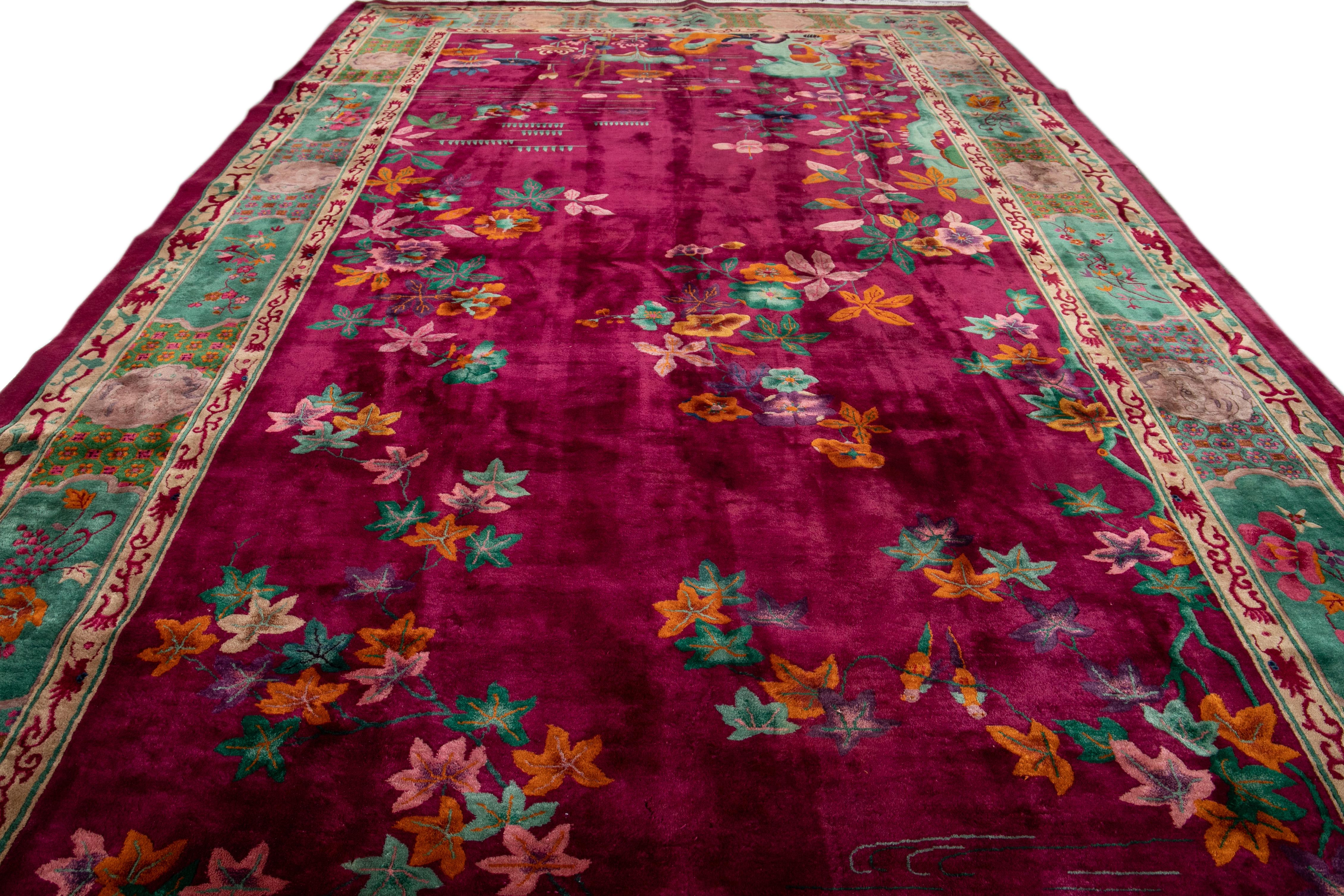 Large Antique Red Art Deco Chinese Wool Rug 10 Ft 9 In X 19 Ft 3 In. For Sale 8