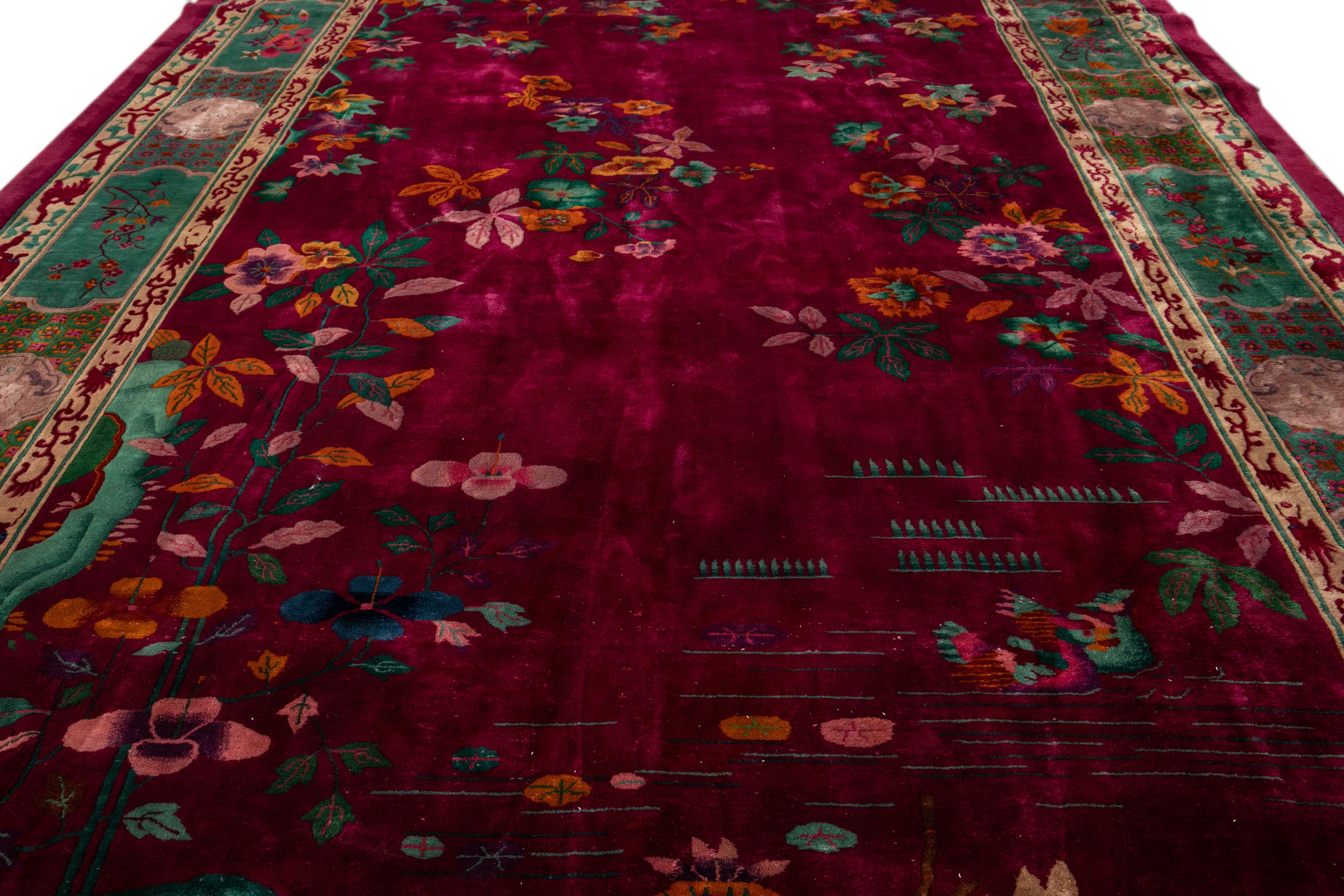 Large Antique Red Art Deco Chinese Wool Rug 10 Ft 9 In X 19 Ft 3 In. For Sale 12