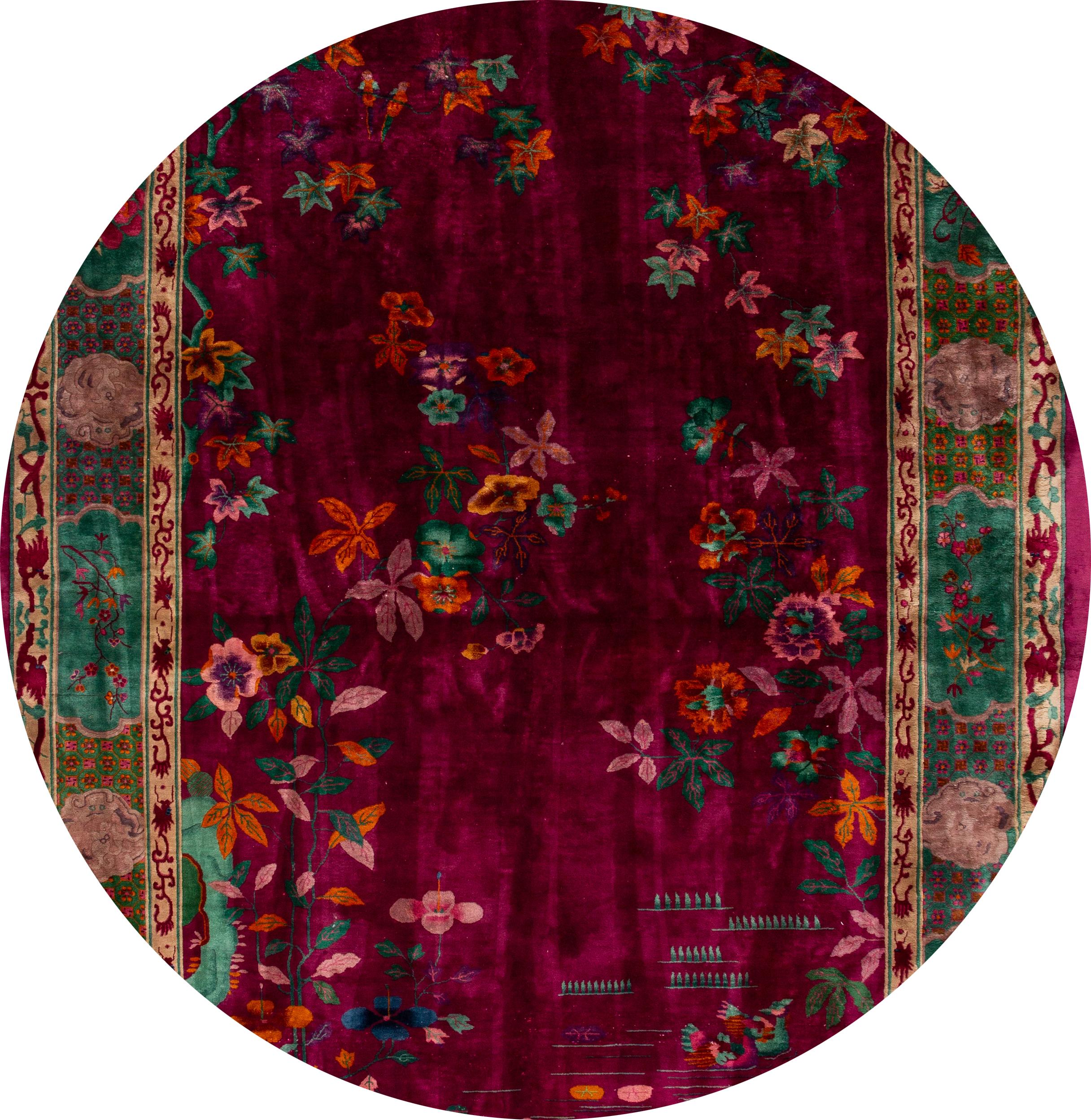Beautiful antique Chinese Art Deco rug, hand knotted wool with a red field, tan frame, and multi-color accents in a subtle all-over Classic Chinese floral design.
This rug measures: 10'09