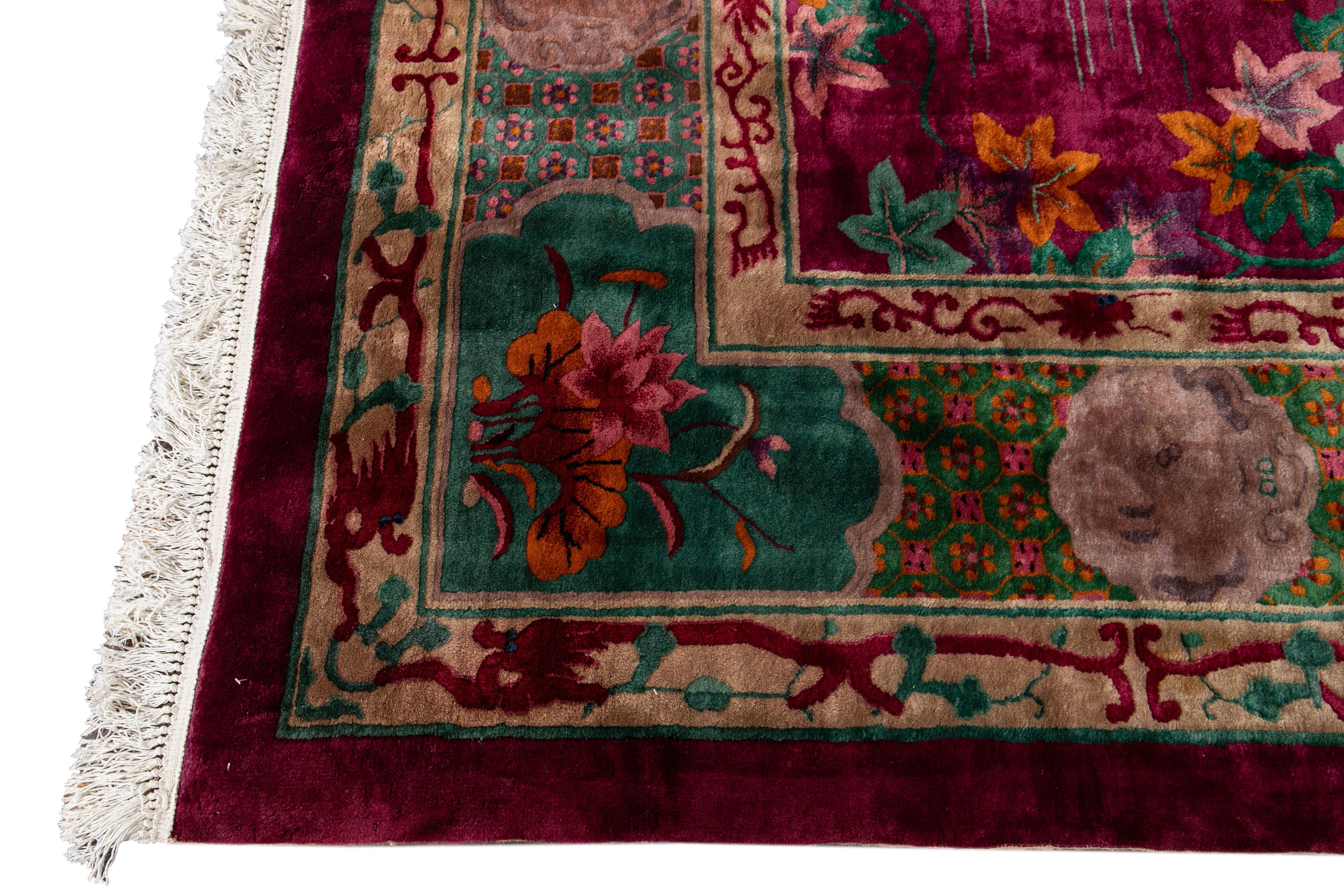 Hand-Knotted Large Antique Red Art Deco Chinese Wool Rug 10 Ft 9 In X 19 Ft 3 In. For Sale
