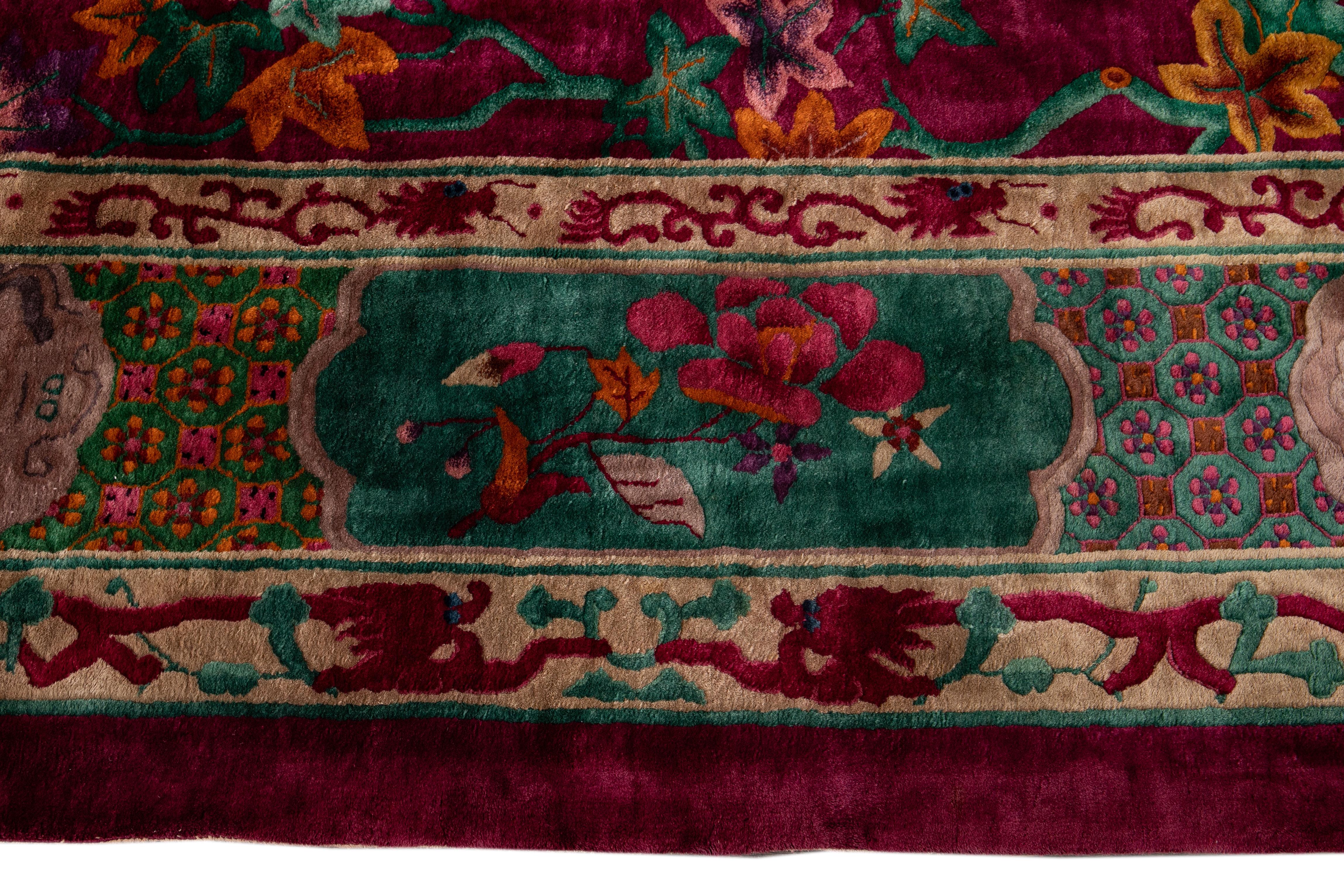 Large Antique Red Art Deco Chinese Wool Rug 10 Ft 9 In X 19 Ft 3 In. For Sale 3