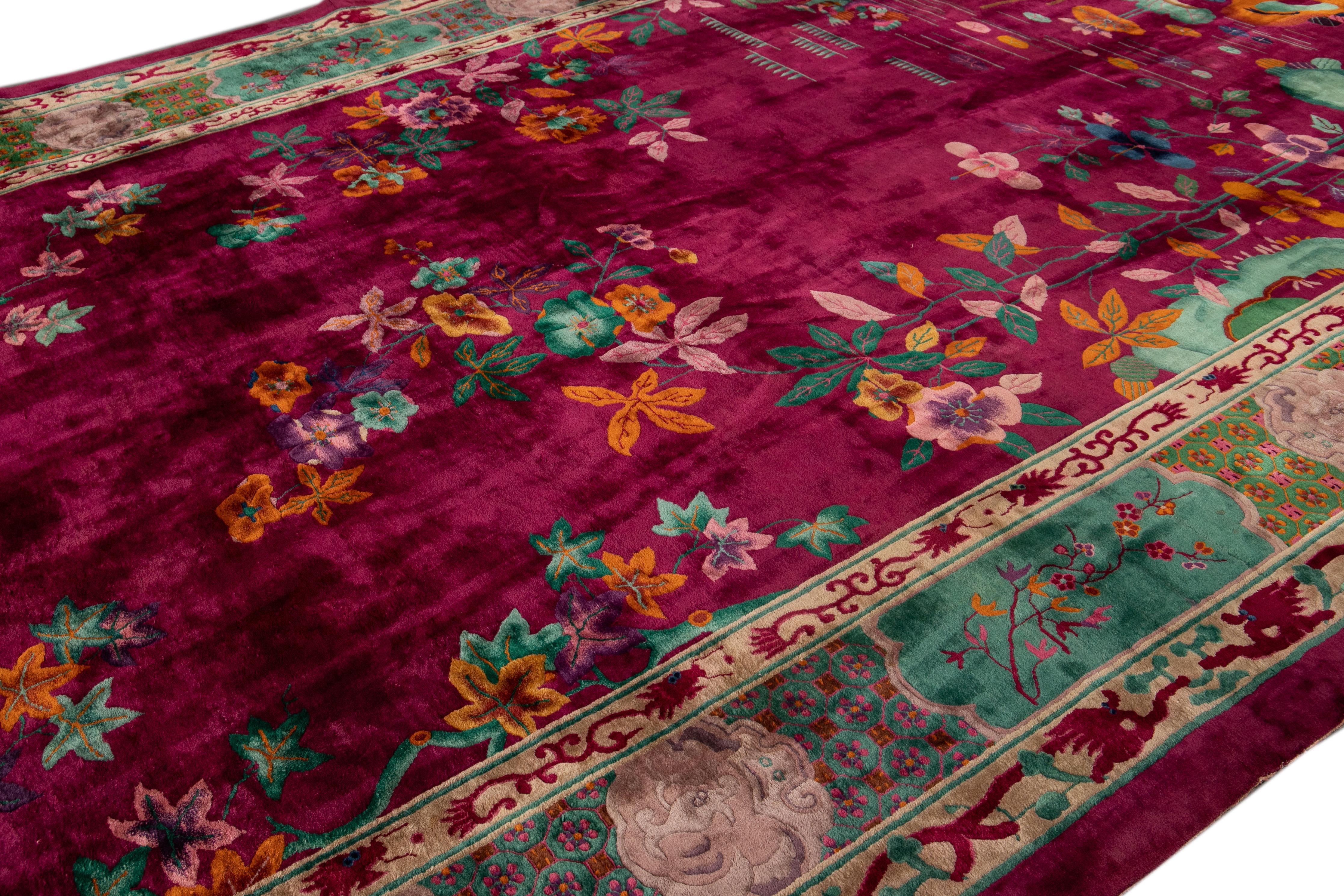 Large Antique Red Art Deco Chinese Wool Rug 10 Ft 9 In X 19 Ft 3 In. For Sale 4