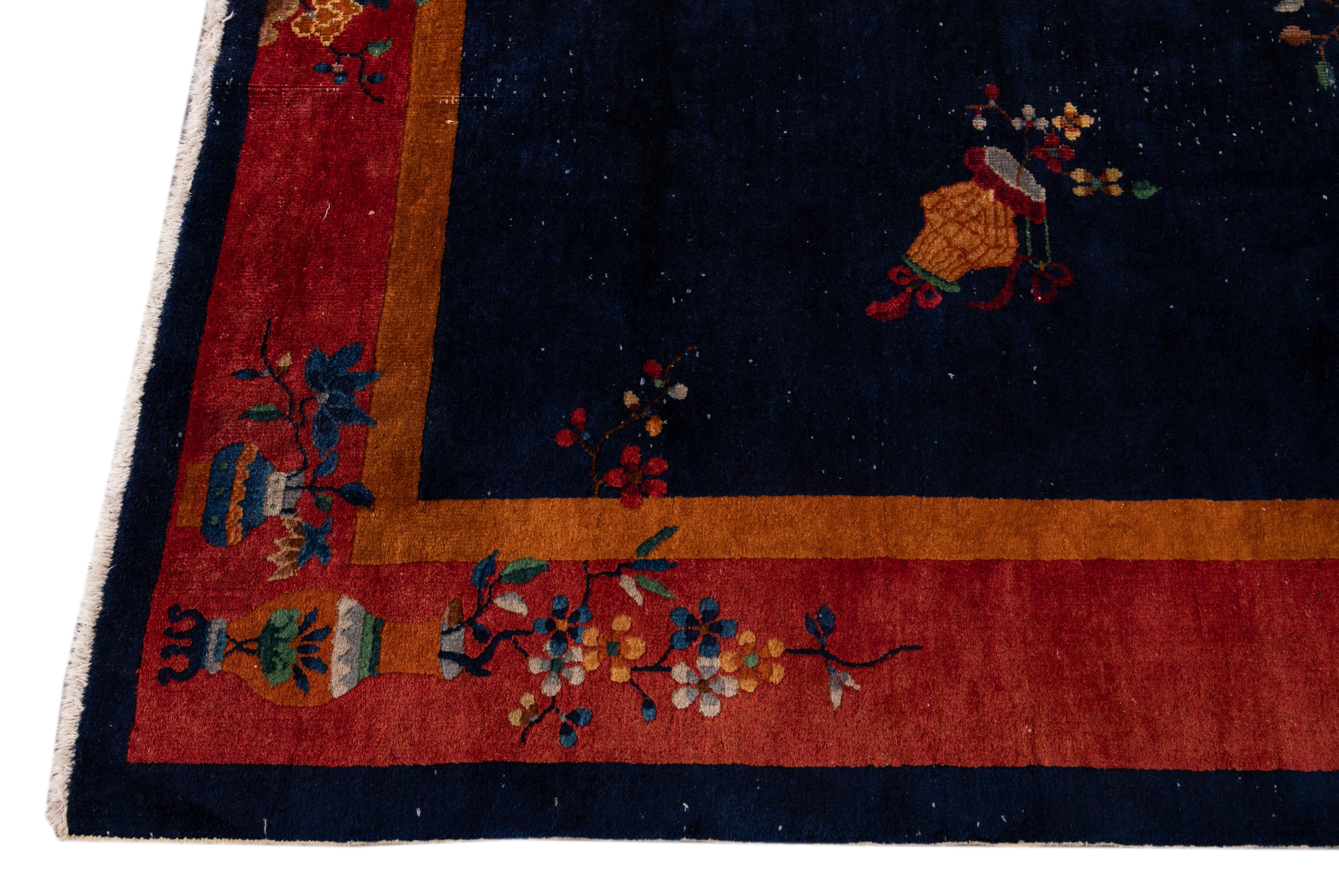 Antique Blue Art Deco Chinese Wool Rug7 Ft X 9 Ft 7 In. For Sale 2
