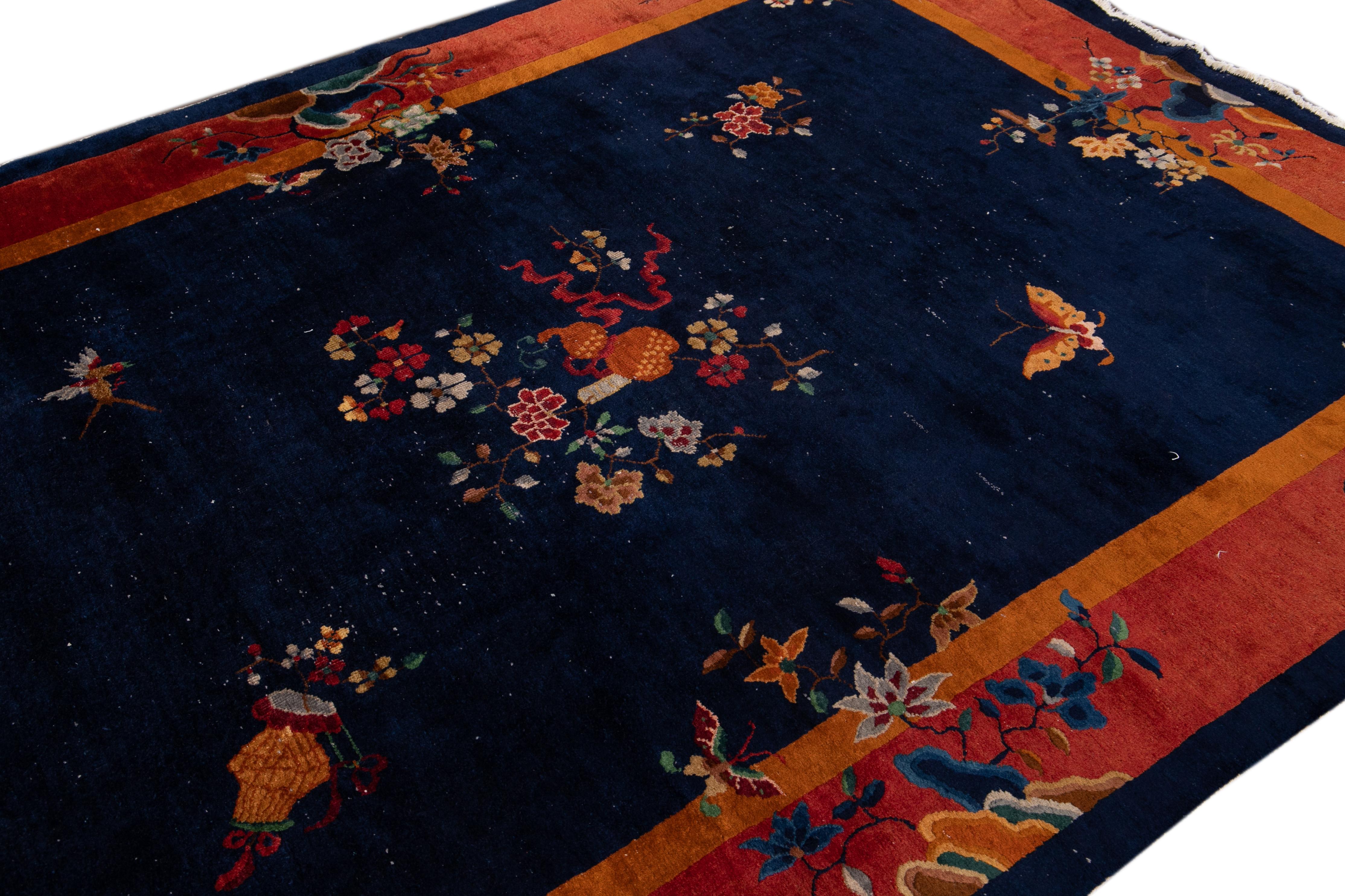 Hand-Knotted Antique Blue Art Deco Chinese Wool Rug7 Ft X 9 Ft 7 In. For Sale