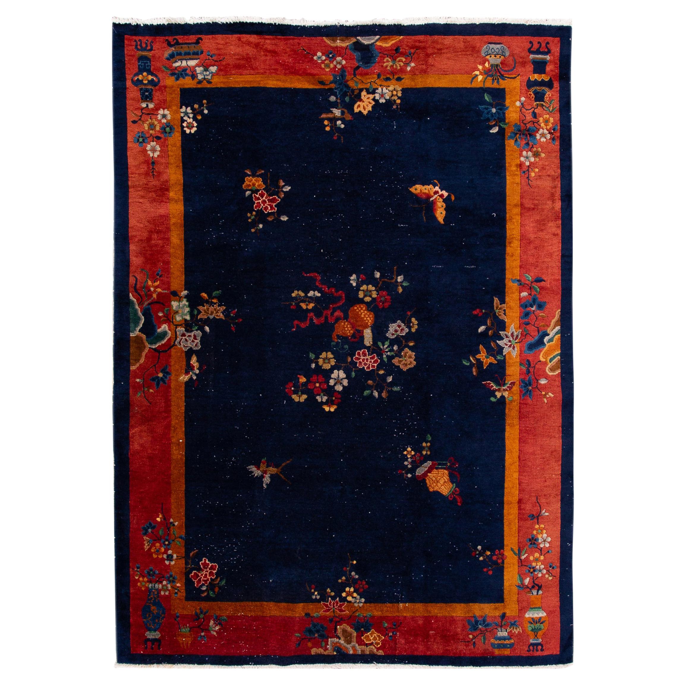 Antique Blue Art Deco Chinese Wool Rug7 Ft X 9 Ft 7 In. For Sale