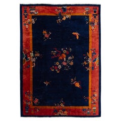 Antique Blue Art Deco Chinese Wool Rug7 Ft X 9 Ft 7 In.