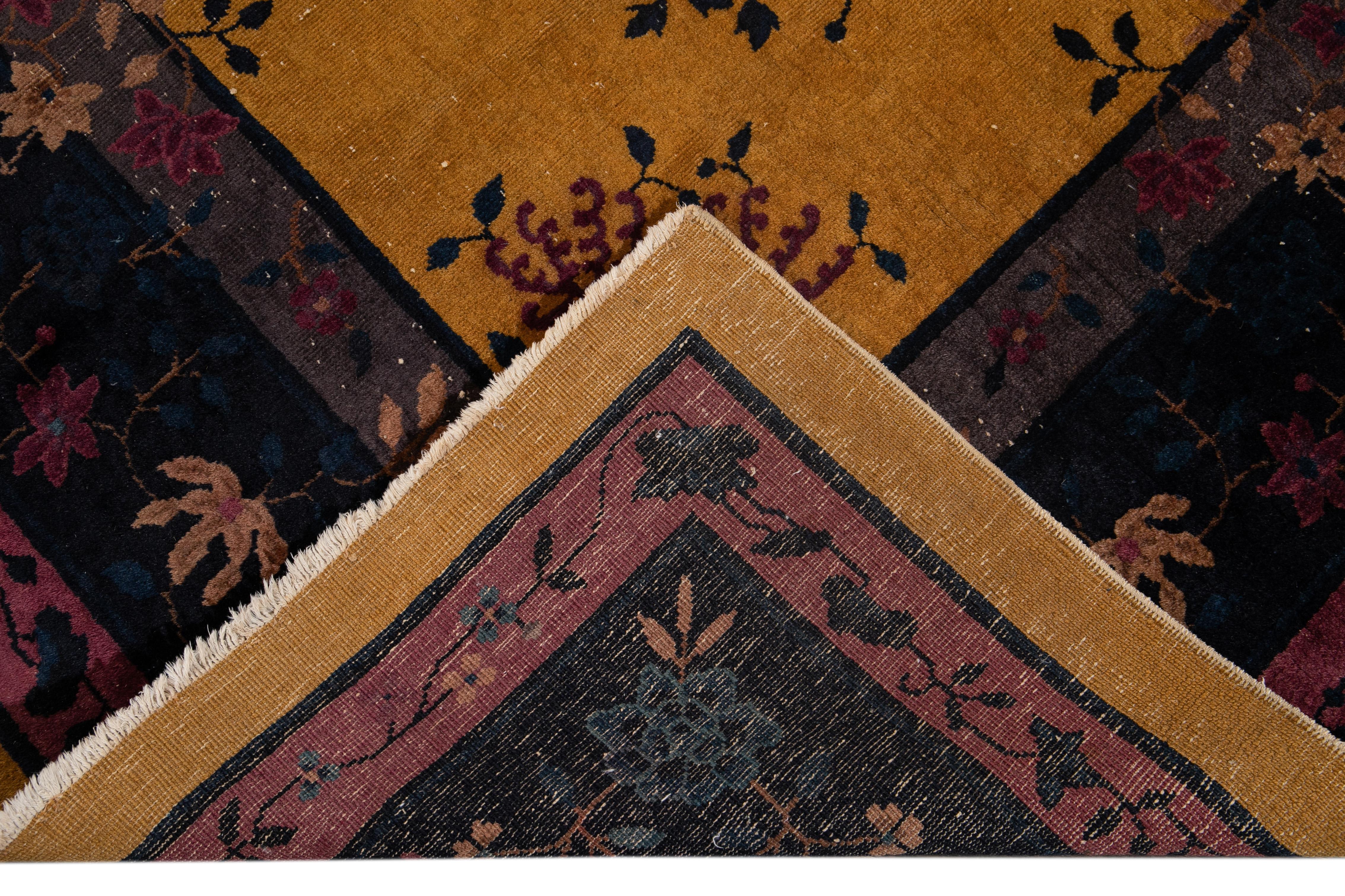 Hand-Knotted Antique Yellow Art Deco Chinese Wool Rug 9 Ft X 11 Ft 5 In. For Sale