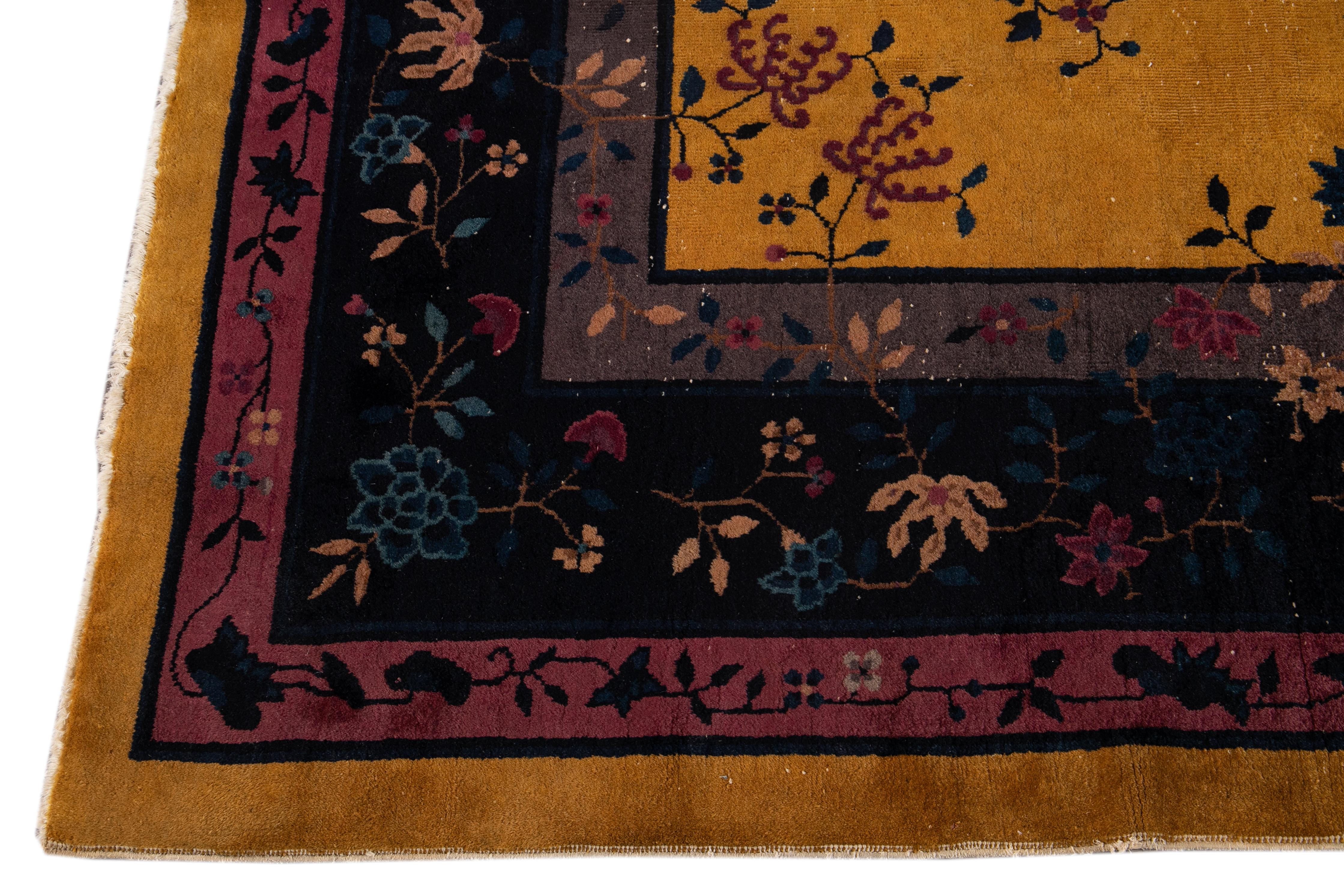 Antique Yellow Art Deco Chinese Wool Rug 9 Ft X 11 Ft 5 In. For Sale 1