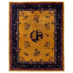 Tappeto di lana cinese giallo antico Art Deco 9 Ft X 11 Ft 5 In.