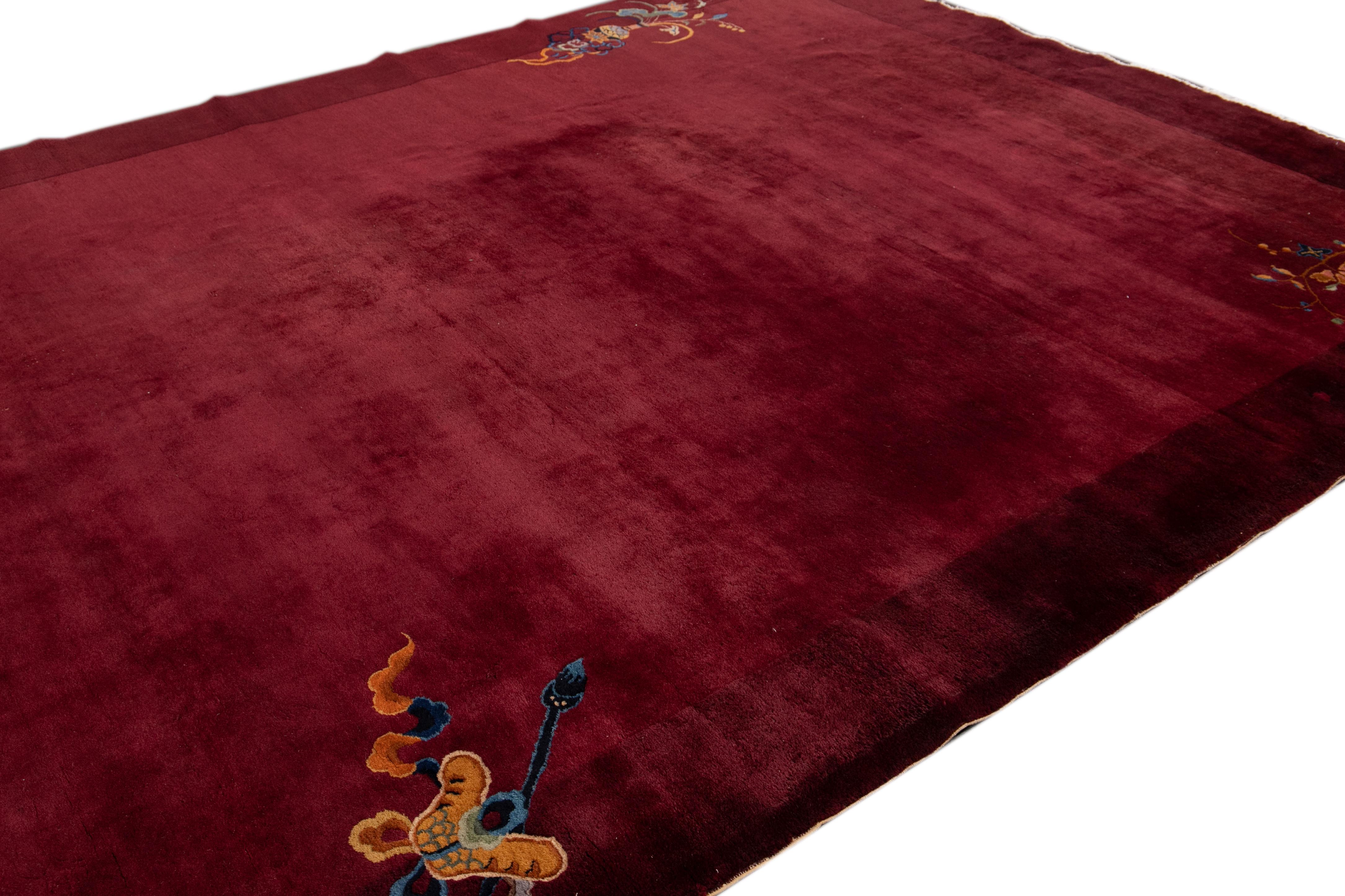 20th Century Antique Burgundy Red Art Deco Chinese Wool Rug 9 Ft X 11 Ft 6 In