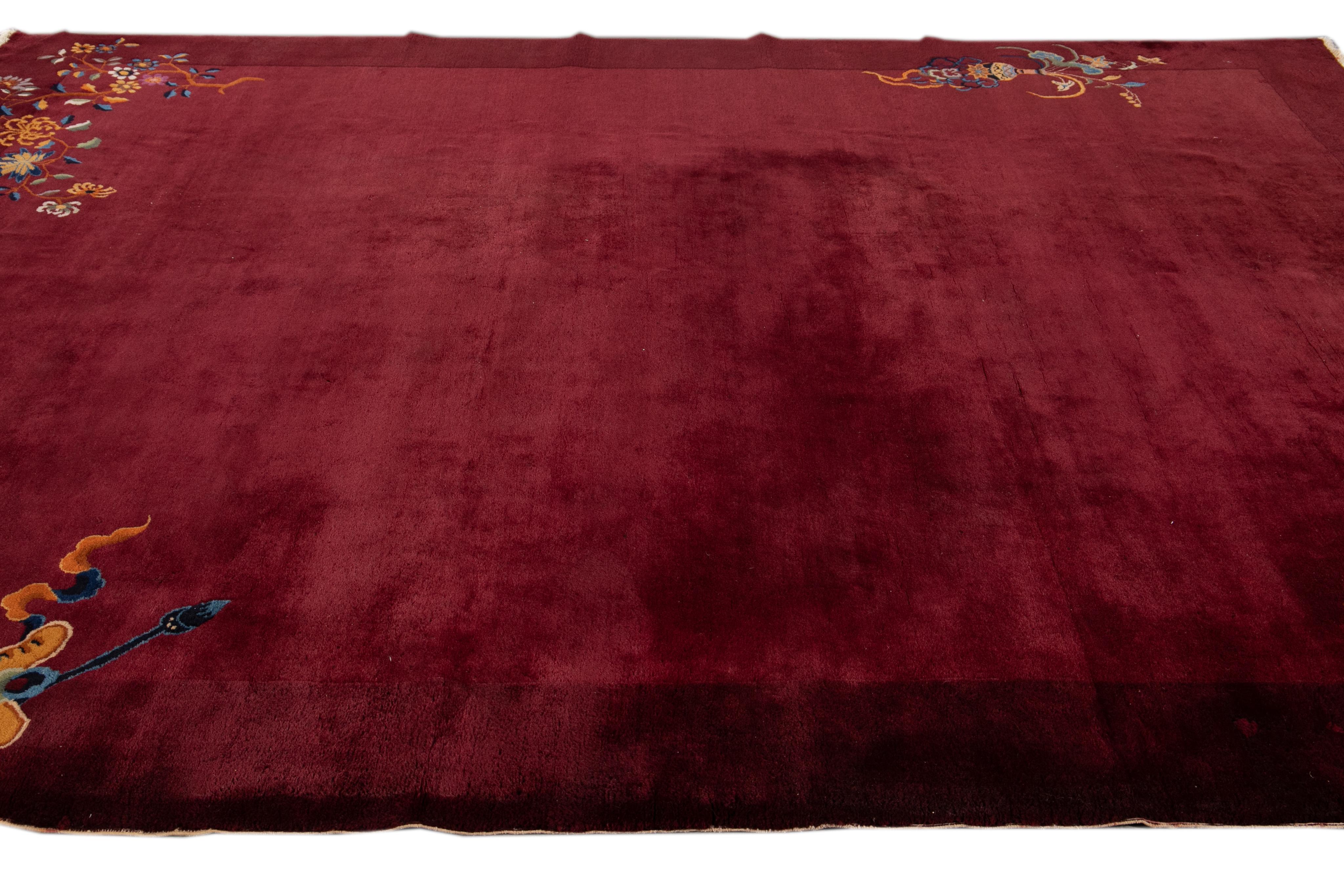 Antique Burgundy Red Art Deco Chinese Wool Rug 9 Ft X 11 Ft 6 In 1