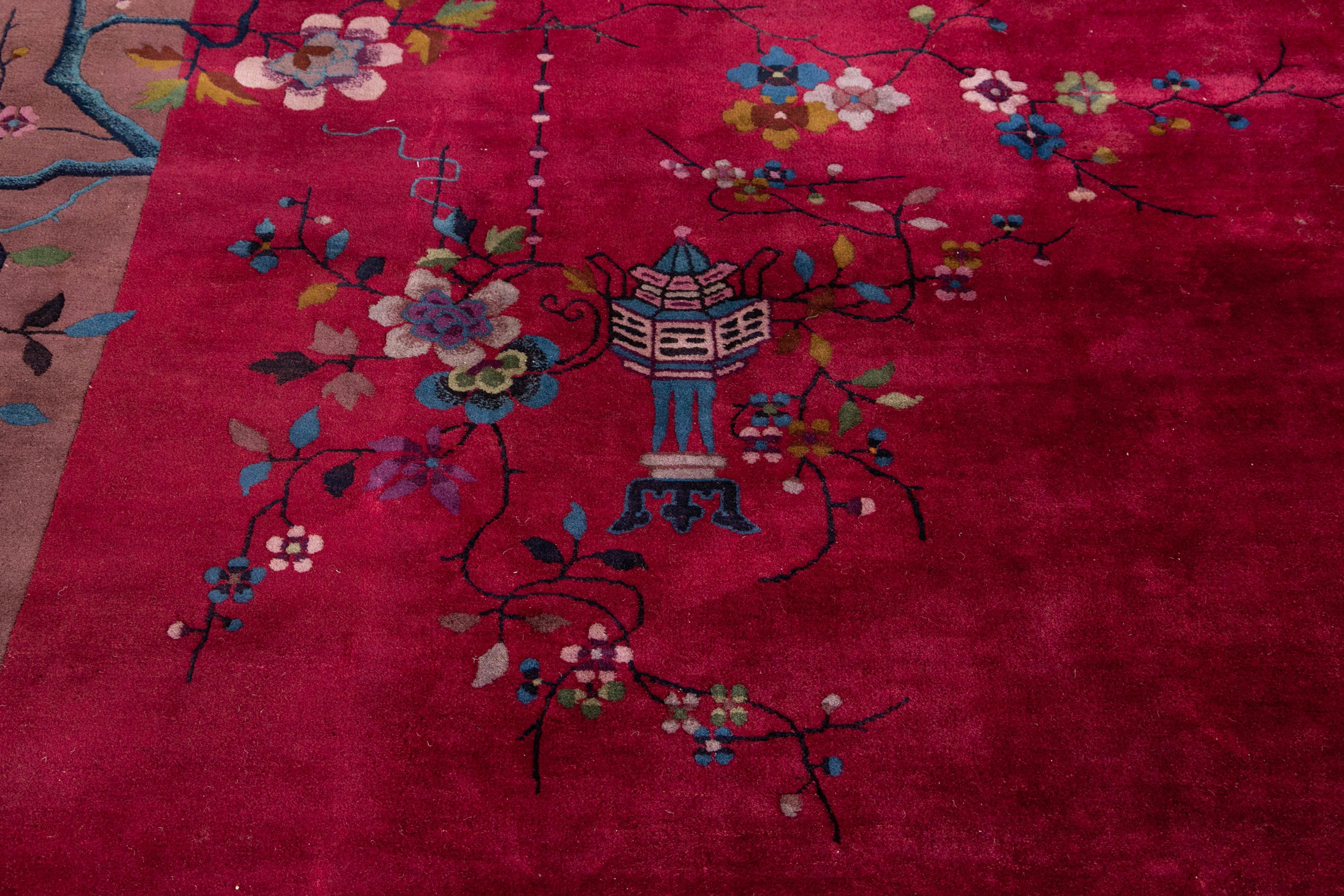 Antique Red Art Deco Chinese Wool Rug 8 Ft 10 In X 11 Ft 4 In. For Sale 4