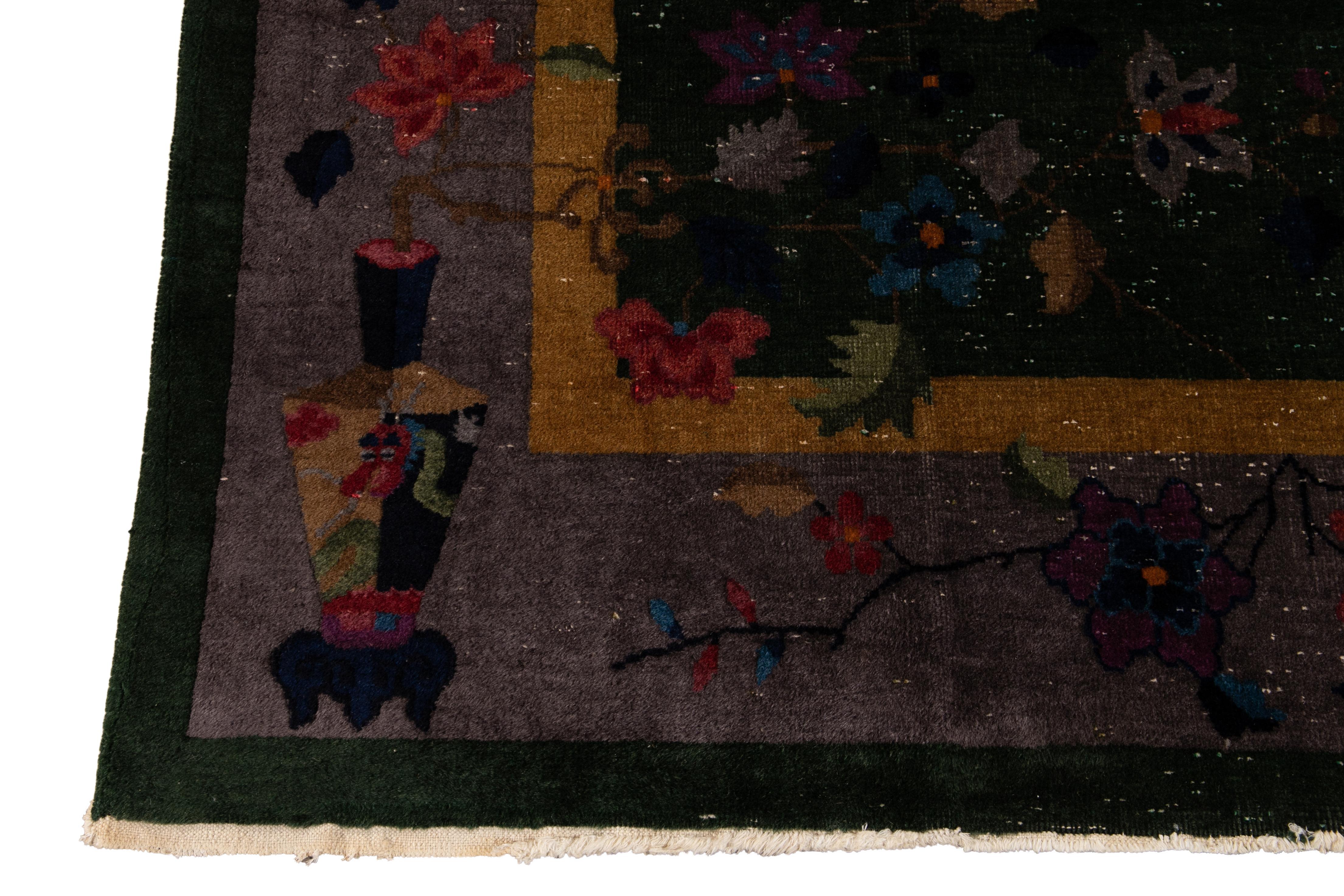 Hand-Knotted Antique Green Art Deco Chinese Handmade Floral Wool Rug 8 Ft 1 X 9 Ft 8 In. For Sale