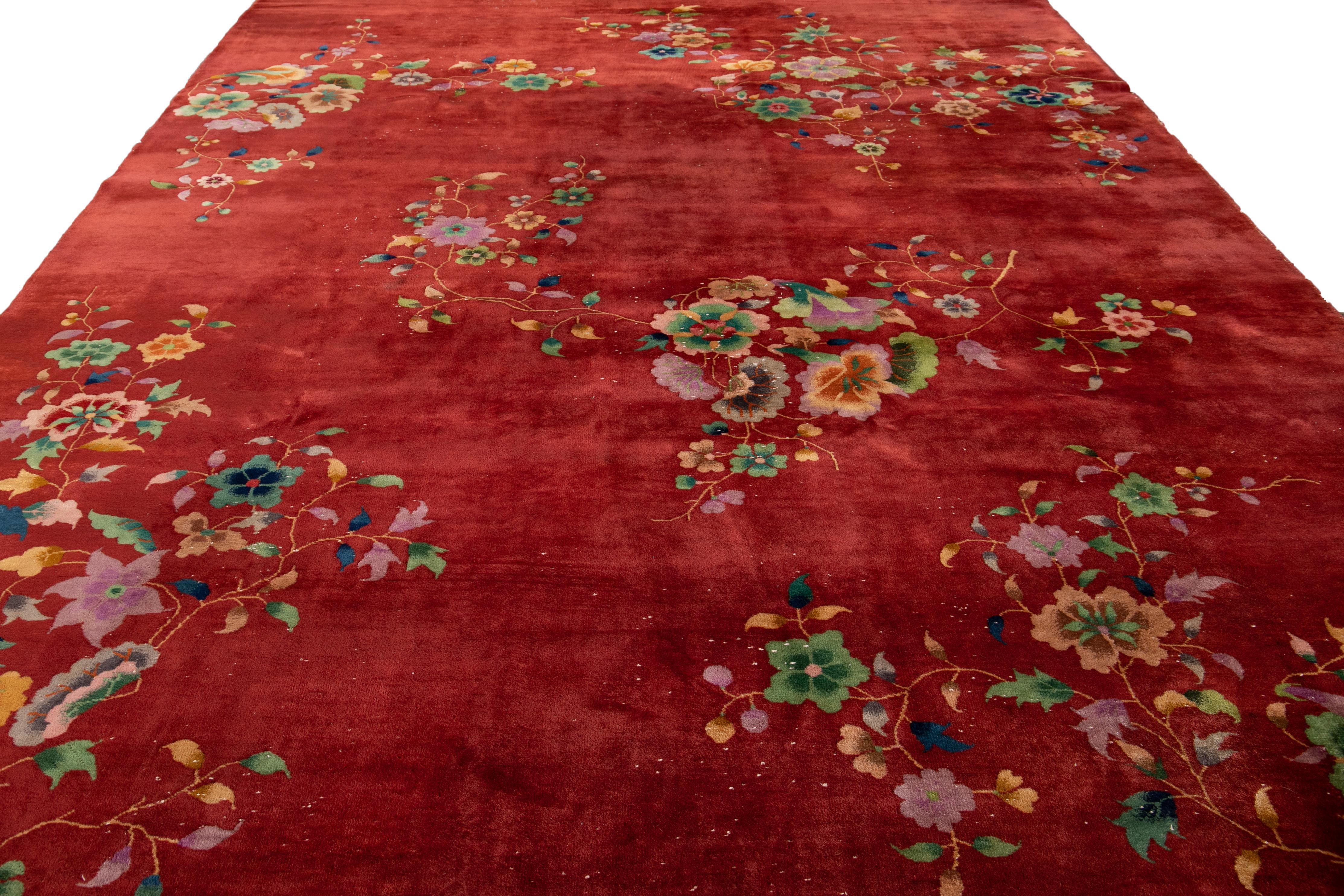 Antique Red Art Deco Chinese Wool Rug 9 Ft 10 In X 13 Ft 4 In. 8