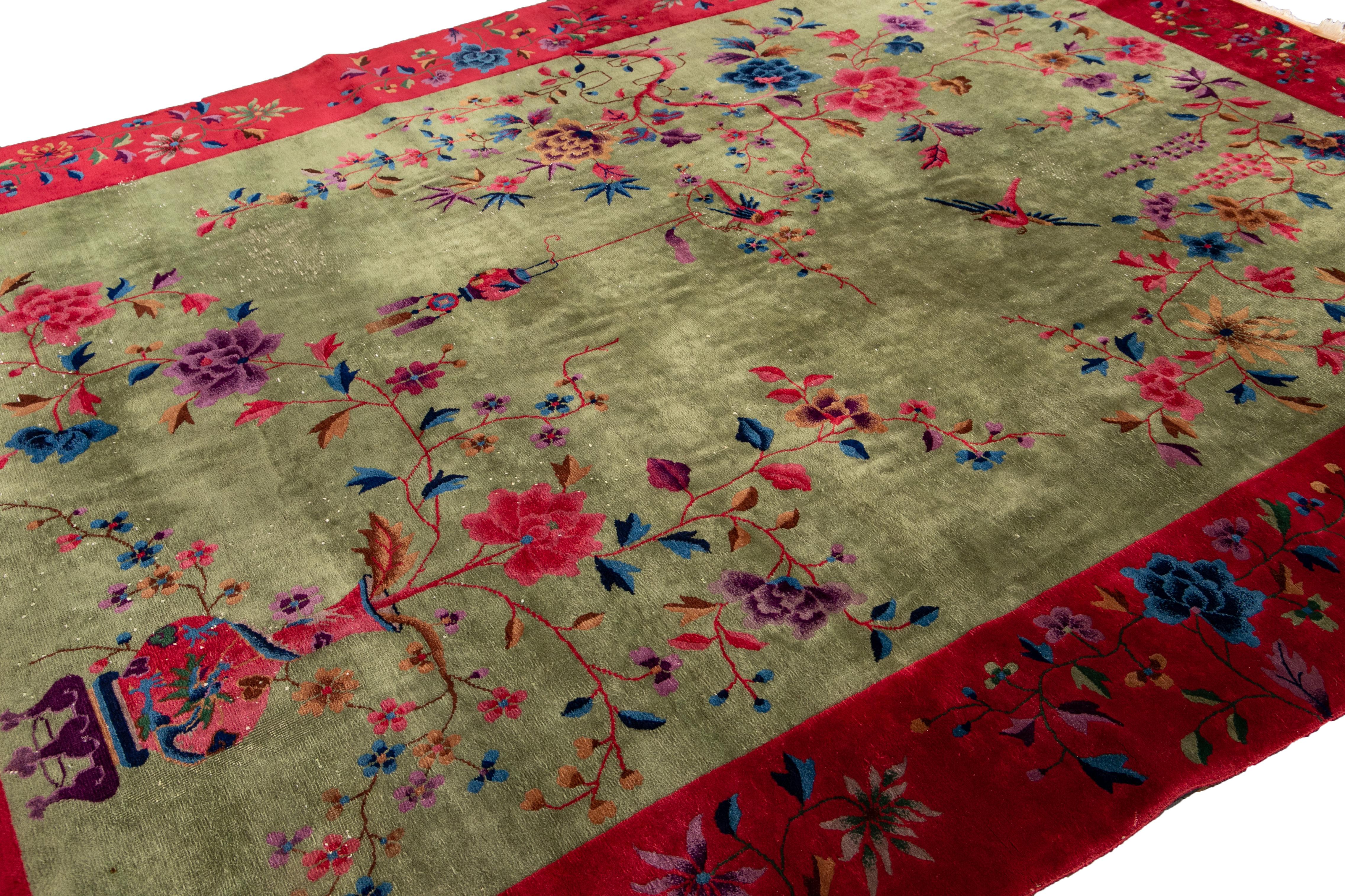 Tapis en laine chinoise Art Déco vert antique 8 pieds 10 pouces X 11 pieds 5 pouces en vente 9