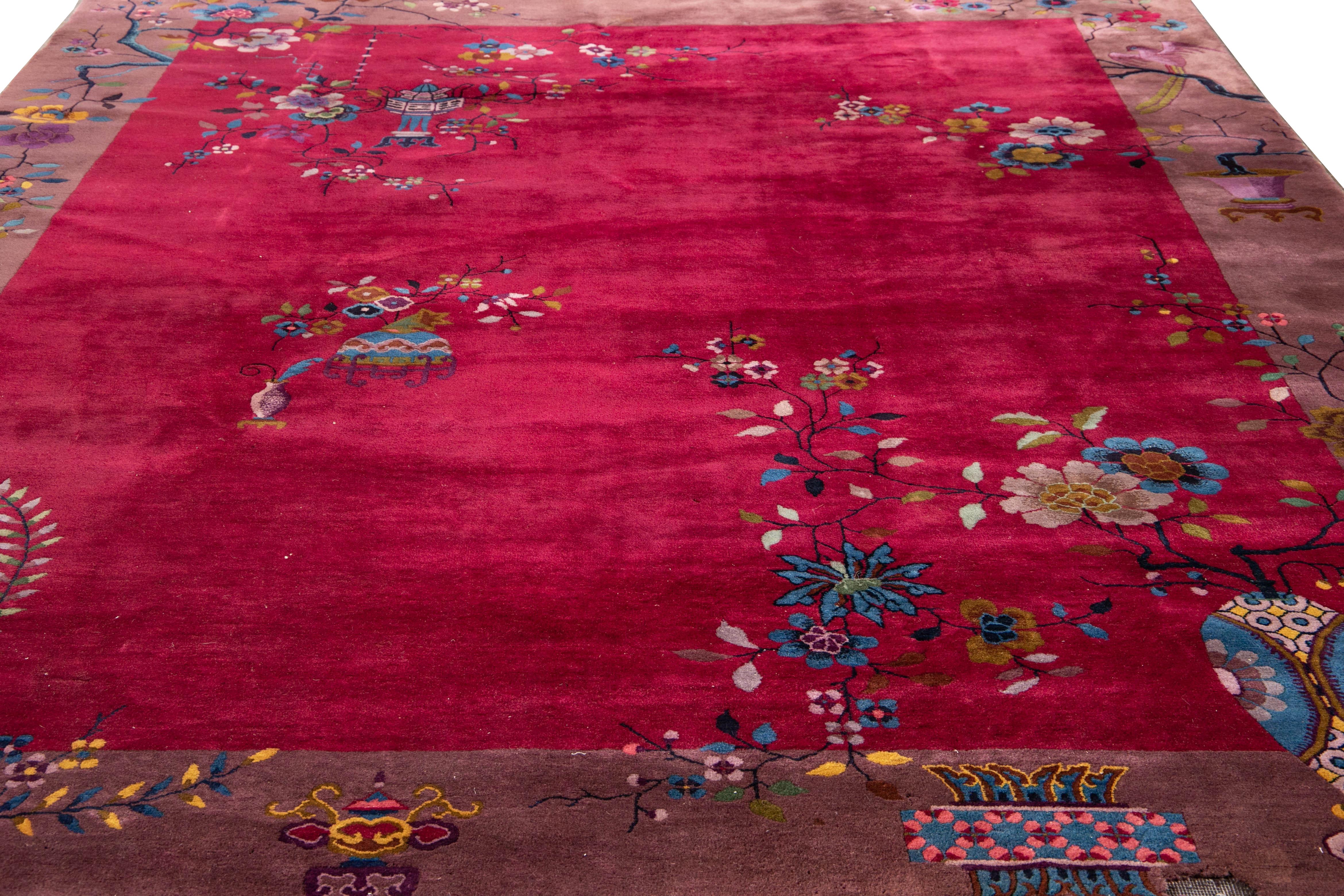 Antique Red Art Deco Chinese Wool Rug 8 Ft 10 In X 11 Ft 4 In. For Sale 1