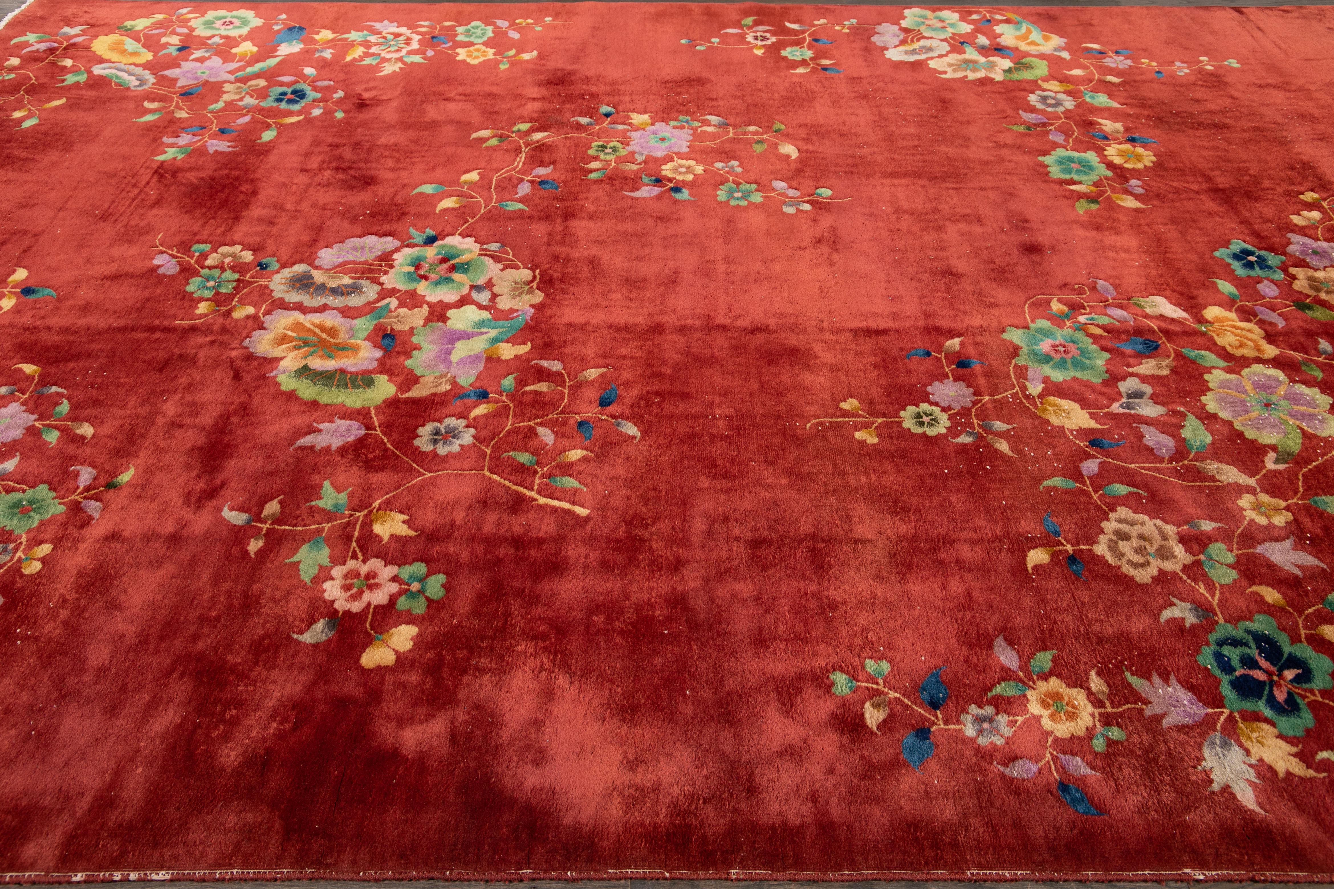 Antique Red Art Deco Chinese Wool Rug 9 Ft 10 In X 13 Ft 4 In. 1