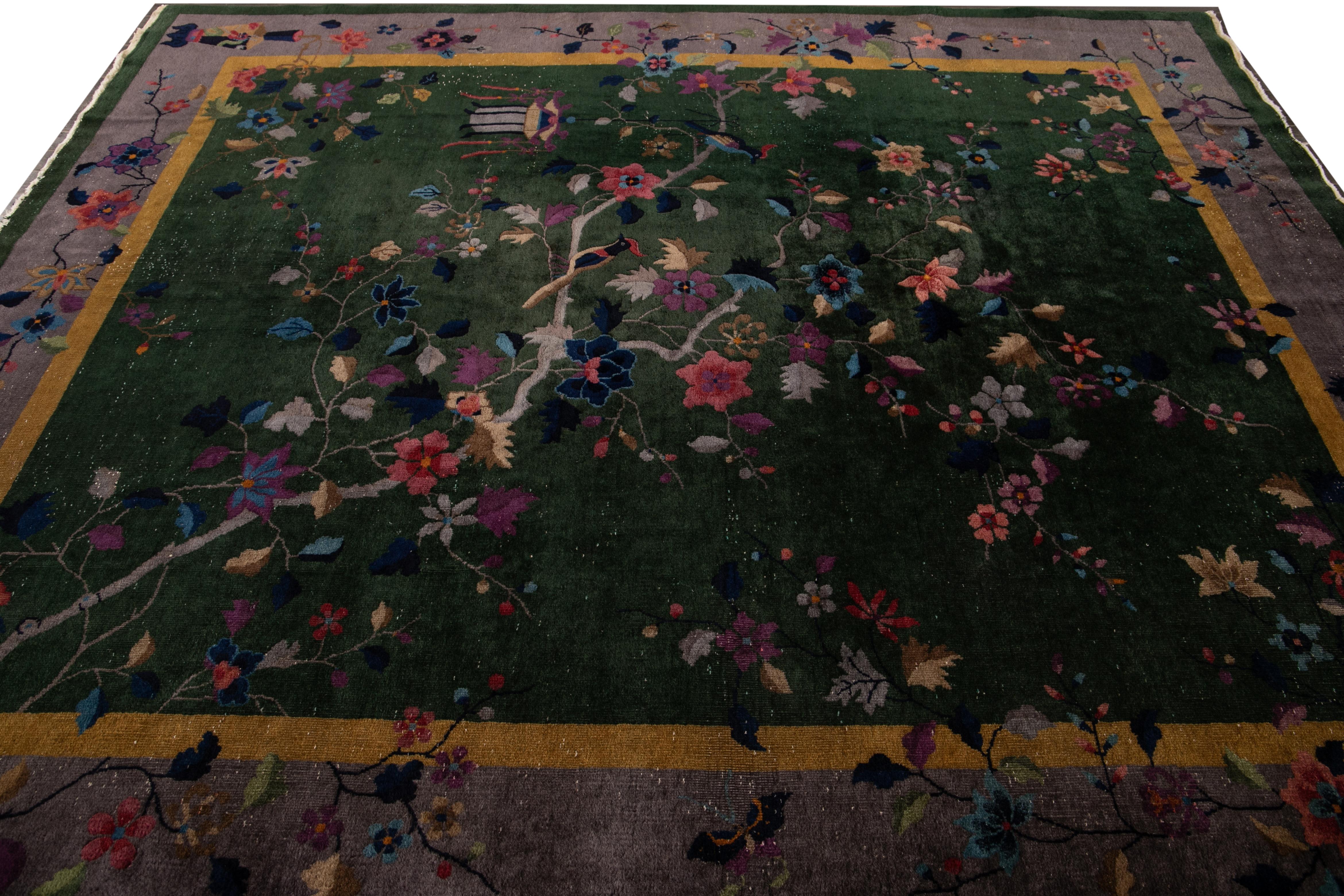 20th Century Antique Green Art Deco Chinese Handmade Floral Wool Rug 8 Ft 1 X 9 Ft 8 In. For Sale