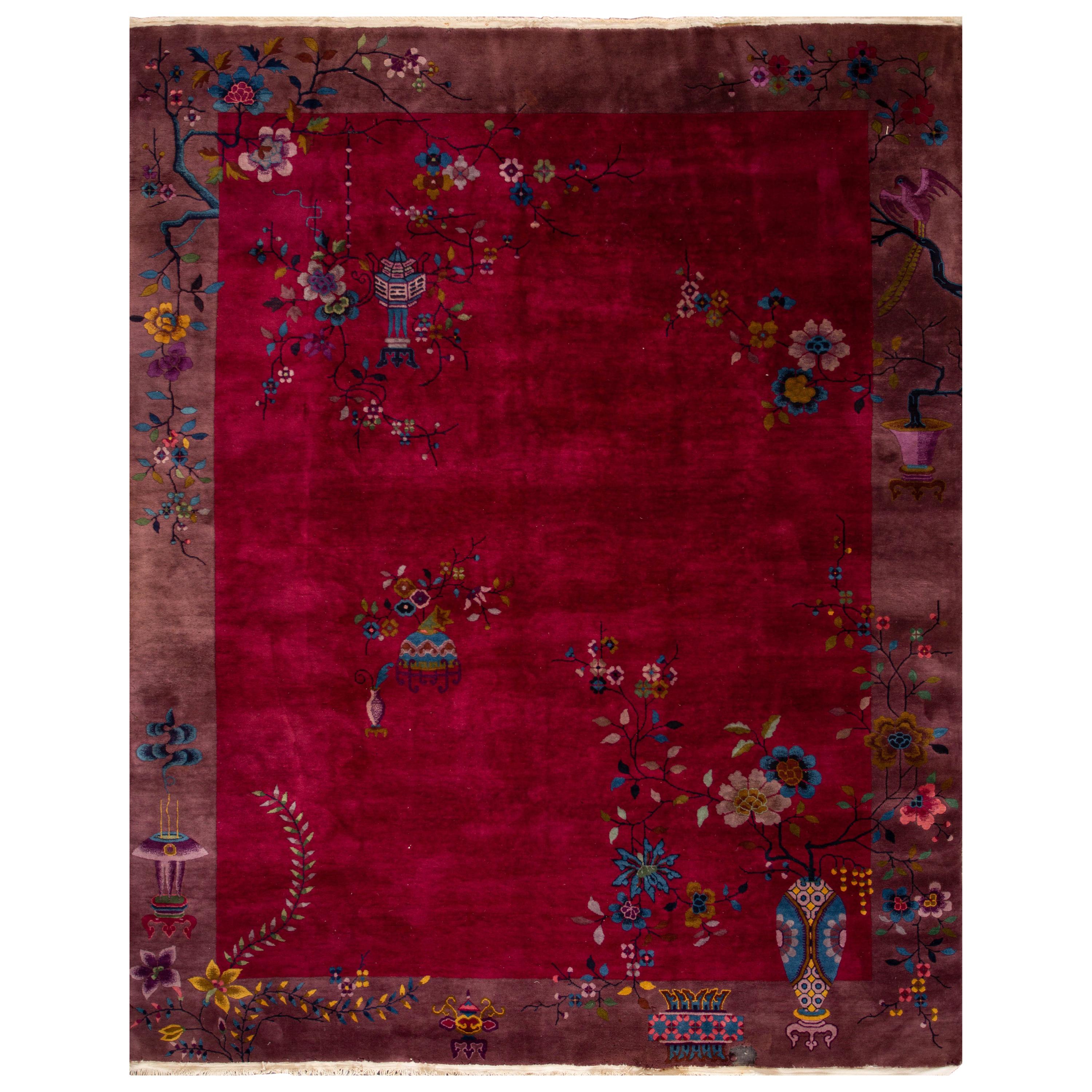 Antique Red Art Deco Chinese Wool Rug 8 Ft 10 In X 11 Ft 4 In. For Sale