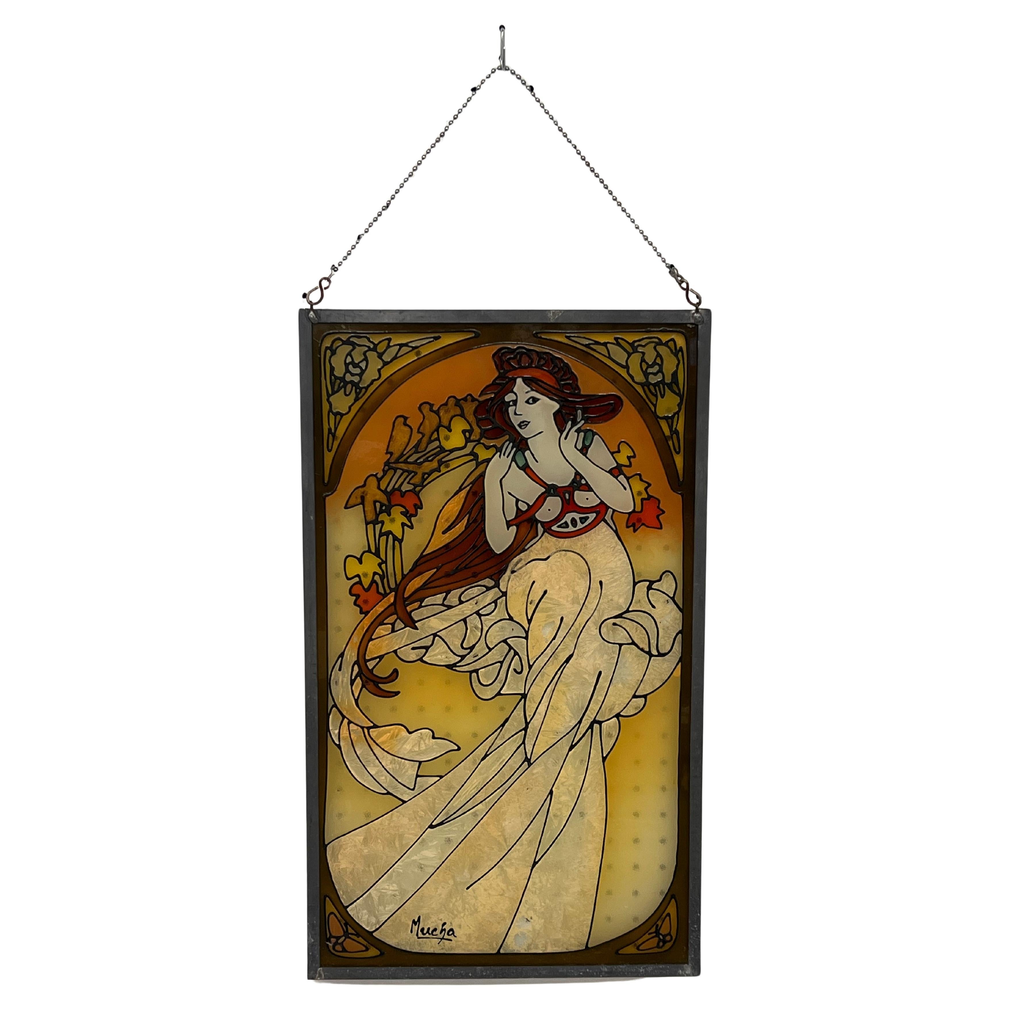 Early 20th Century Antique Art Nouveau Style Stained Glass Hanging Panel by Alfo