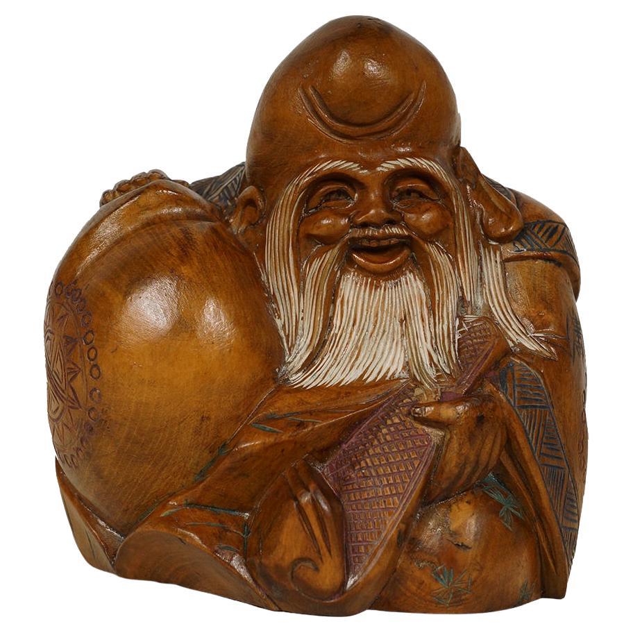 Early 20th Century Antique Asian Carved Wooden God of Longevity Statuary