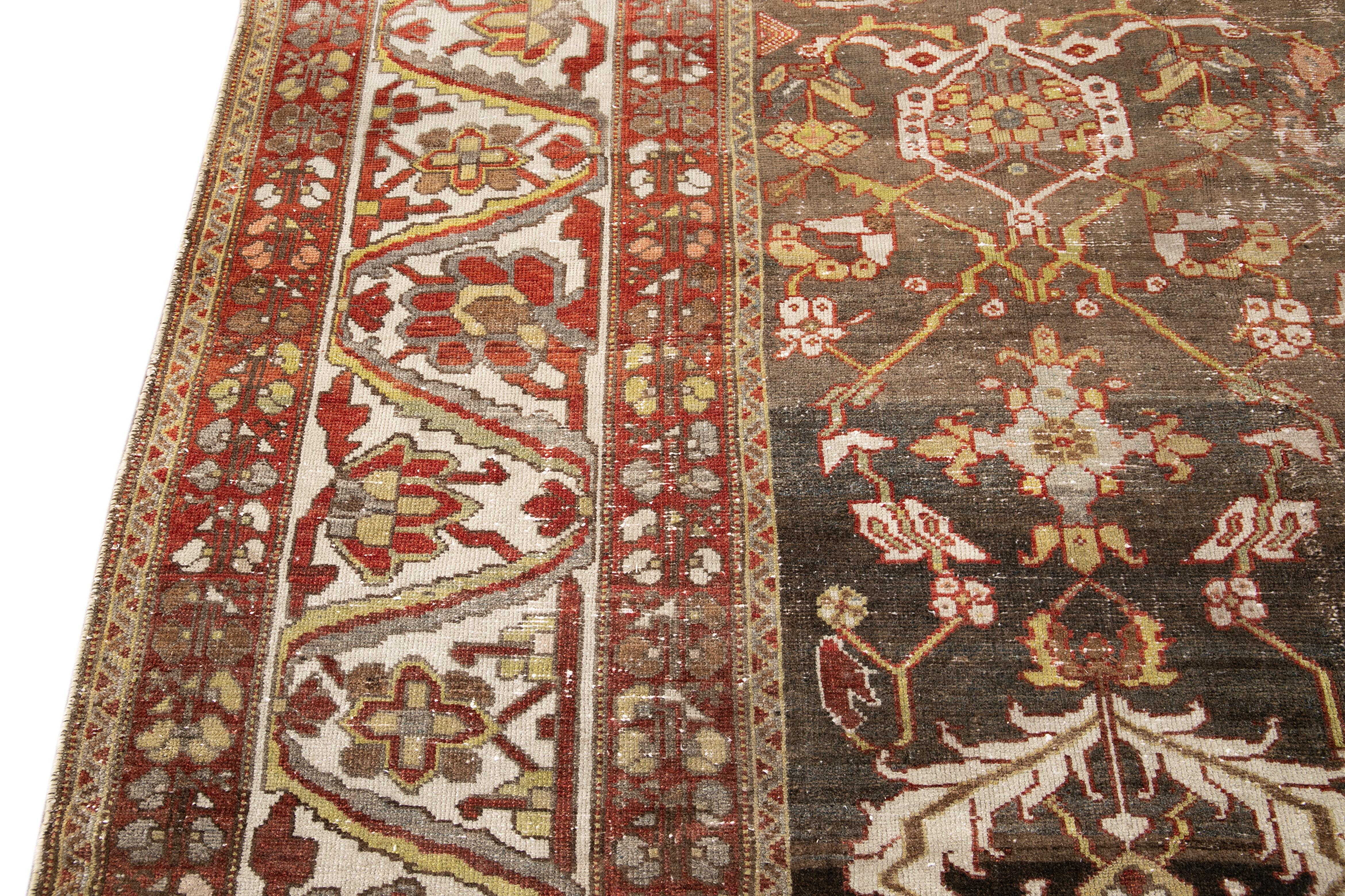 Antique Brown Bakhtiari Handmade Floral Motif Wool Rug For Sale 4