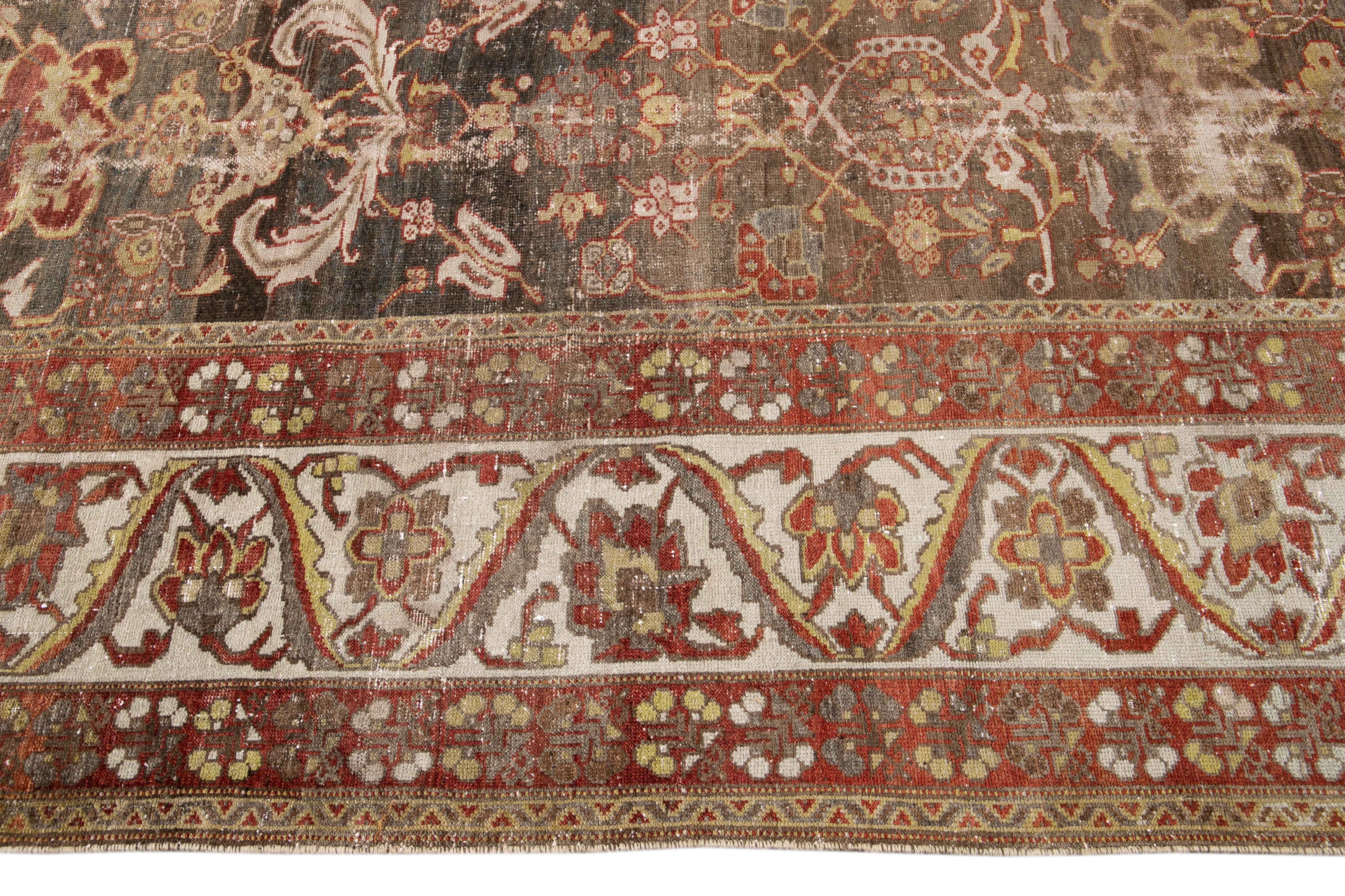Hand-Knotted Antique Brown Bakhtiari Handmade Floral Motif Wool Rug For Sale