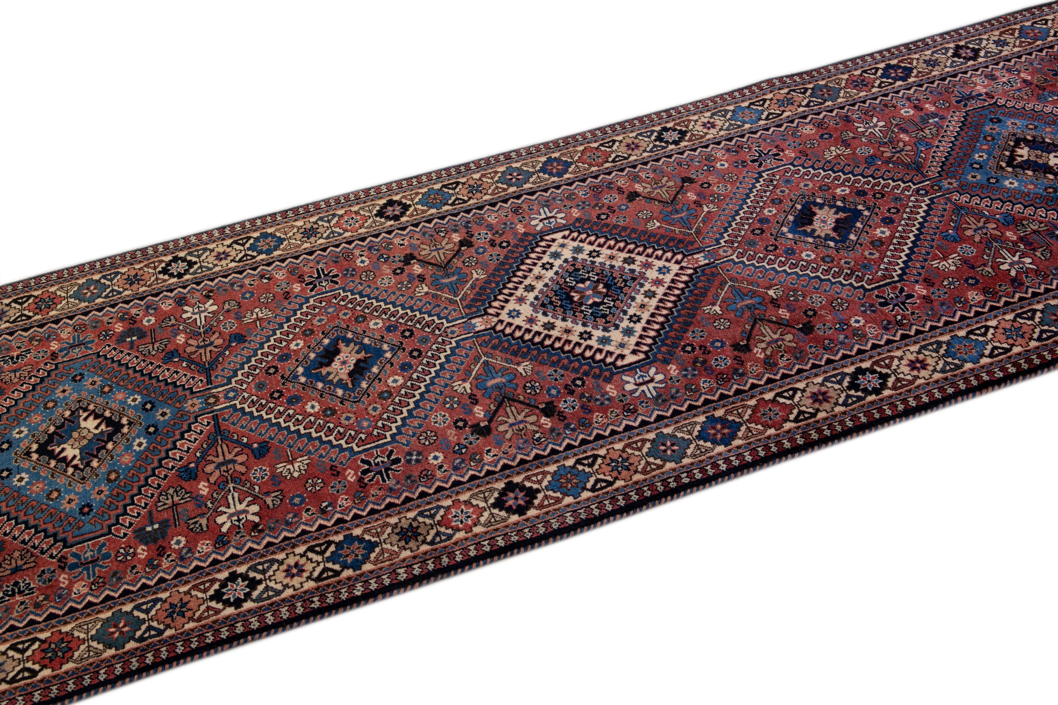 Hand-Knotted Antique Bakhtiari Handmade Geometric Red Wool Runner For Sale