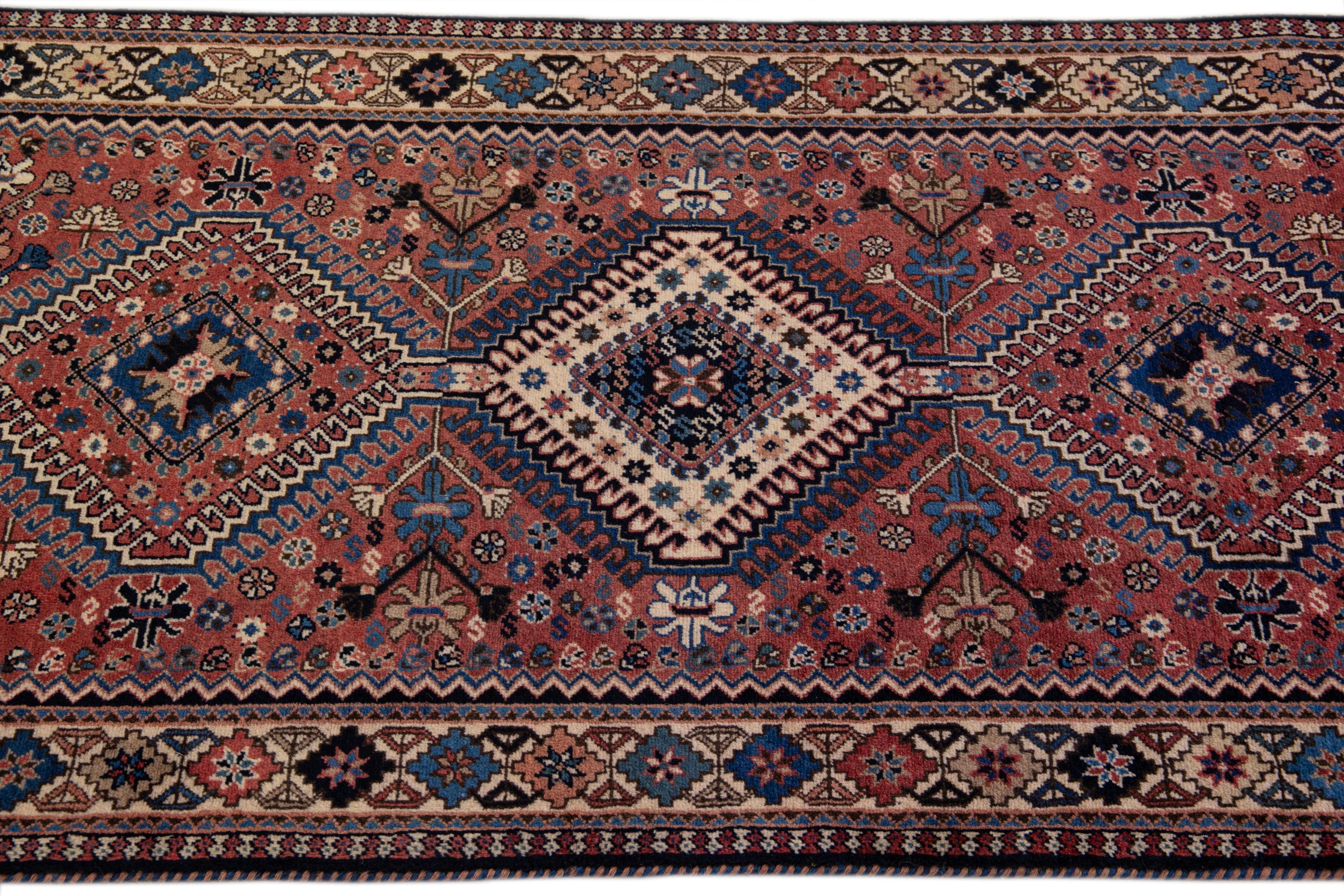 Antique Bakhtiari Handmade Geometric Red Wool Runner In Good Condition For Sale In Norwalk, CT