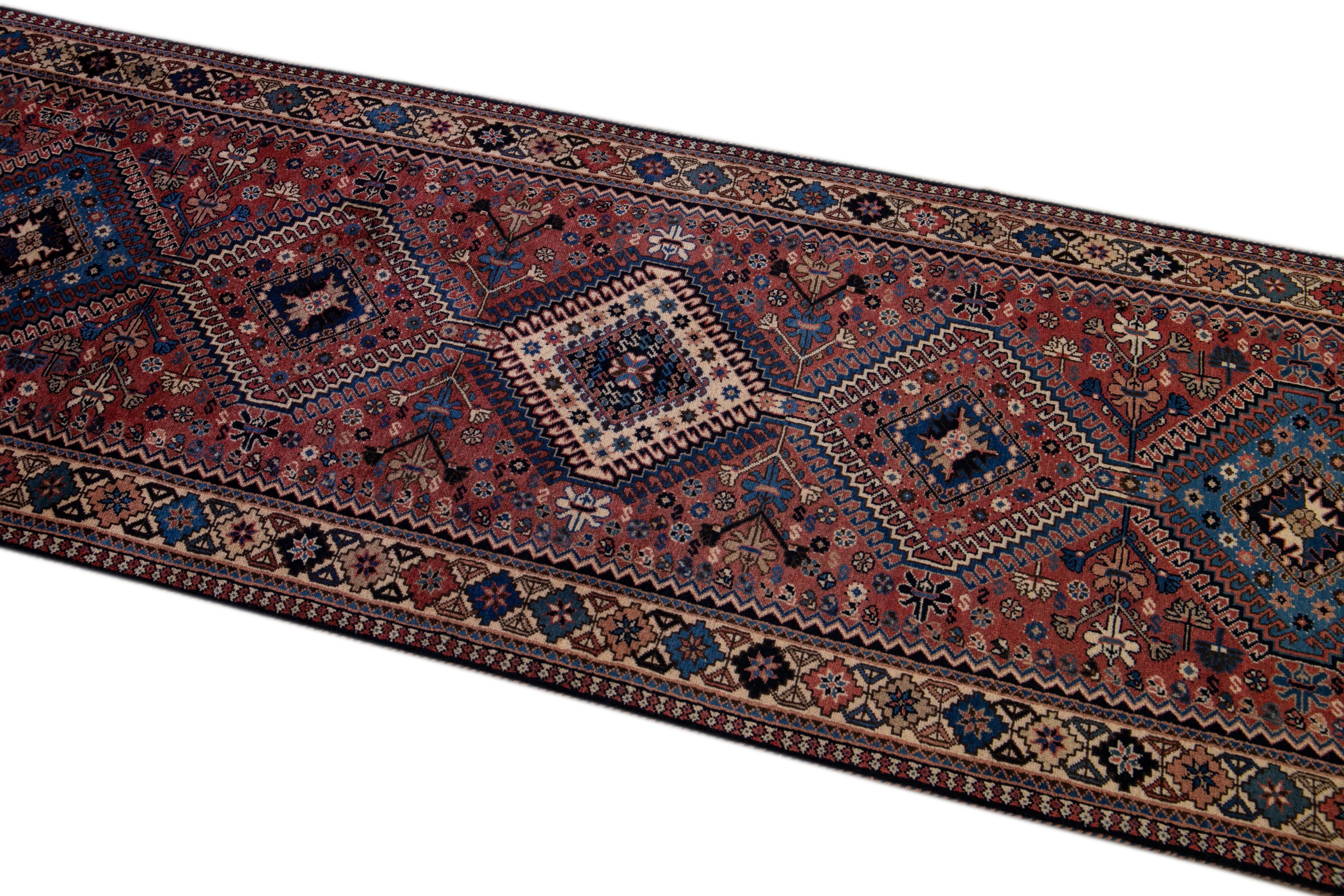 Antique Bakhtiari Handmade Geometric Red Wool Runner For Sale 1