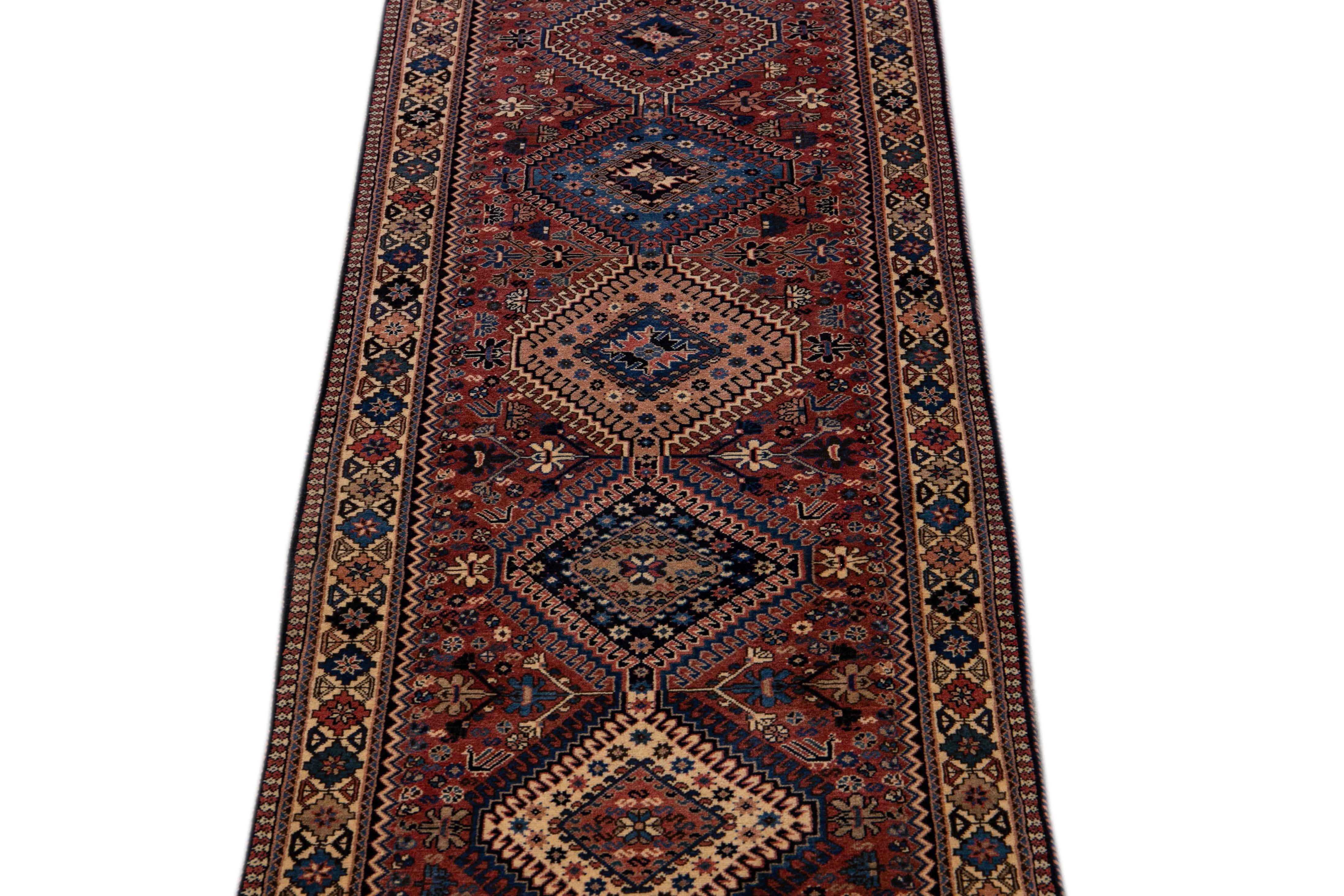 Bakshaish Antique Bakhtiari Handmade Geometric Red Wool Runner For Sale