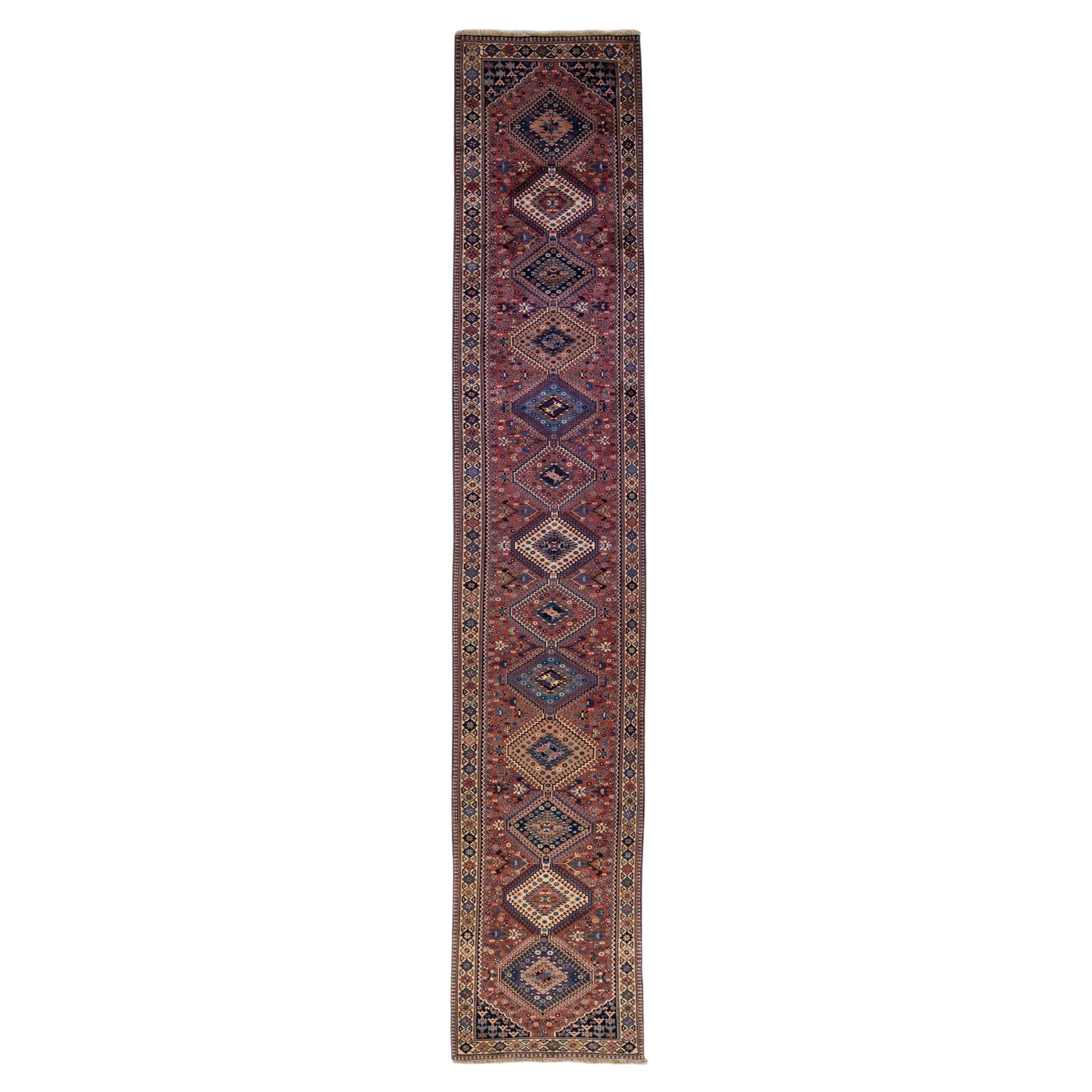 Antique Bakhtiari Handmade Geometric Red Wool Runner For Sale