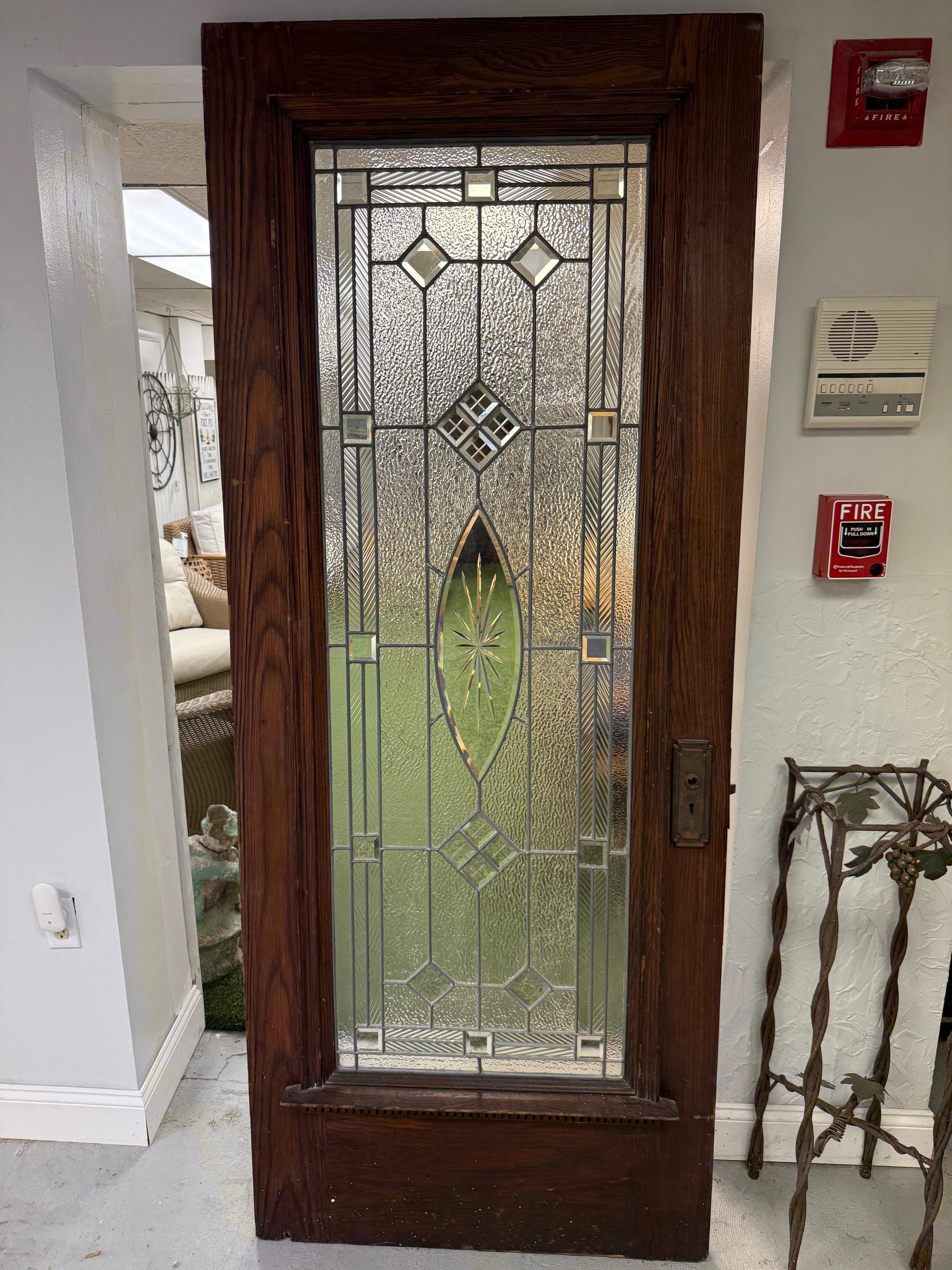 Early 20th Century Antique Beveled Glass Door Textured Diamond Pattern