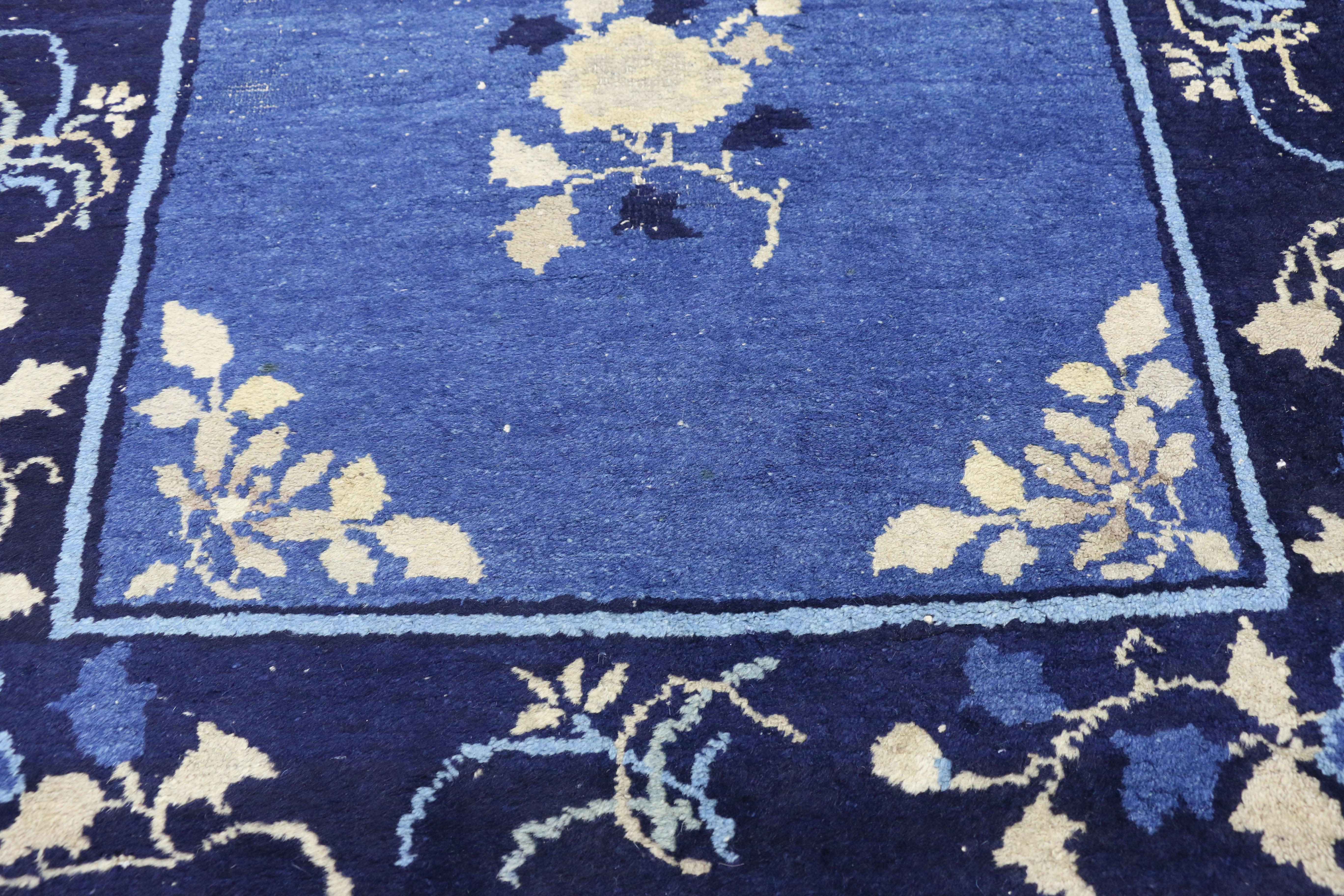 Early 20th Century Antique Blue Chinese Art Deco Rug In Distressed Condition In Dallas, TX