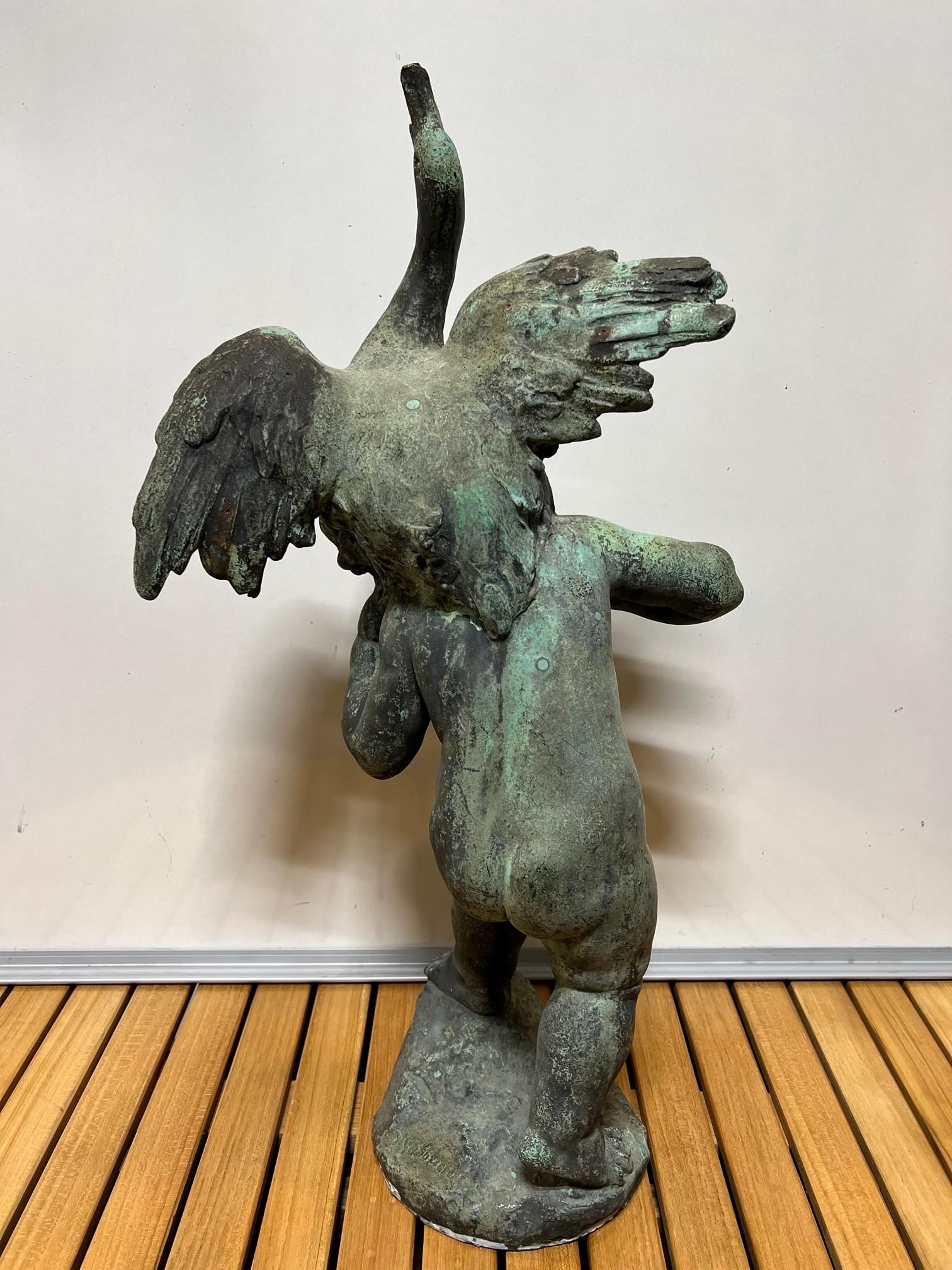 Early 20th Century Antique Bronze Boy with Goose Garden Statue, Fountain Top   For Sale 5