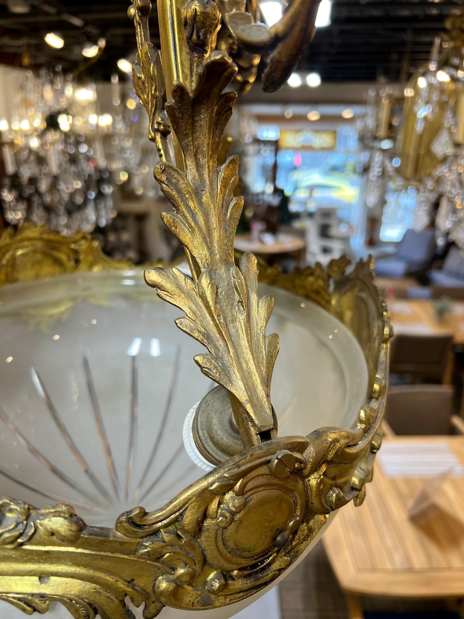 Early 20th Century Antique Bronze Chandelier, Cut Glass Bowl from Paris France For Sale 11