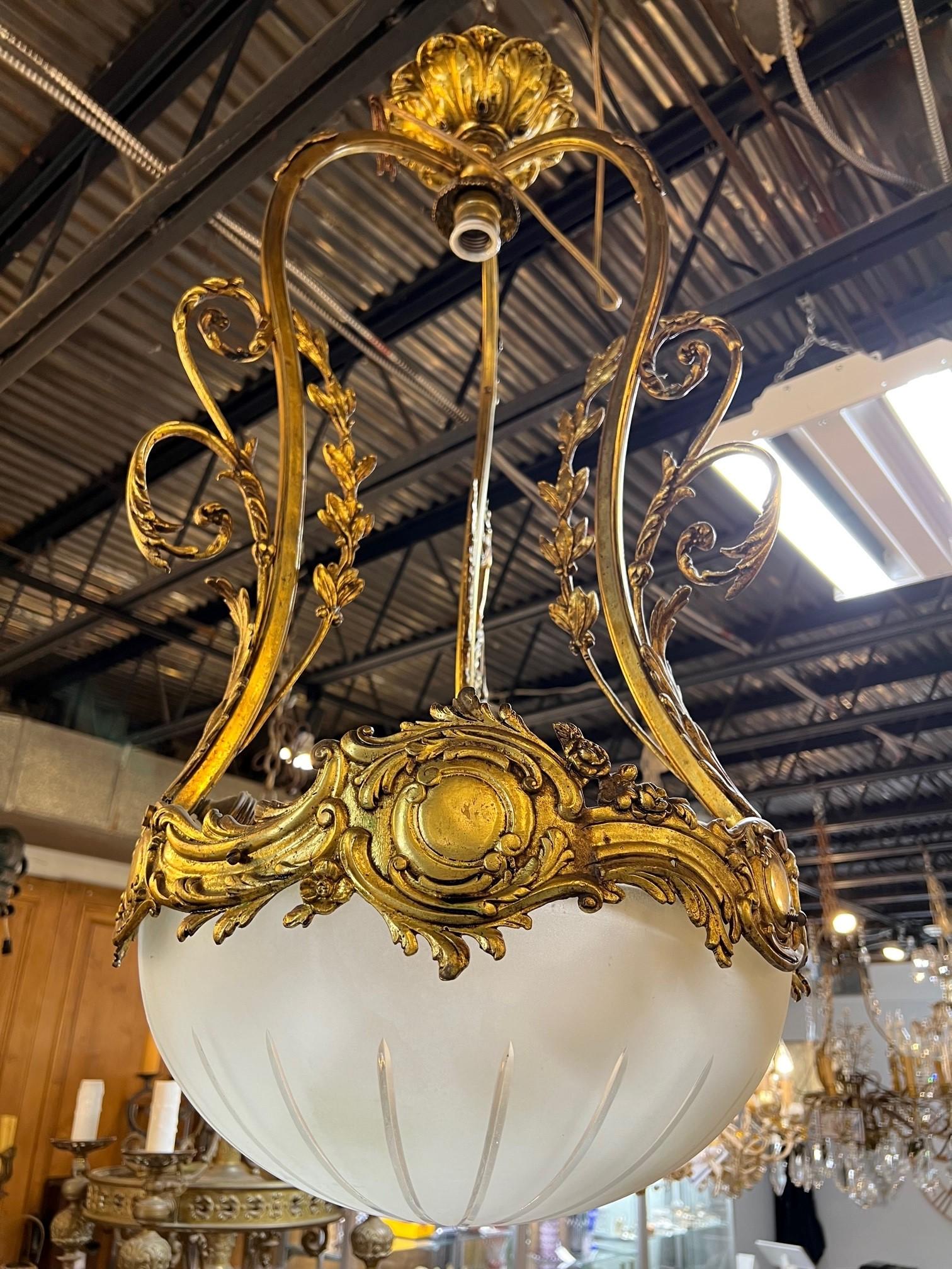 Early 20th Century Antique Bronze Chandelier, Cut Glass Bowl from Paris France For Sale 3