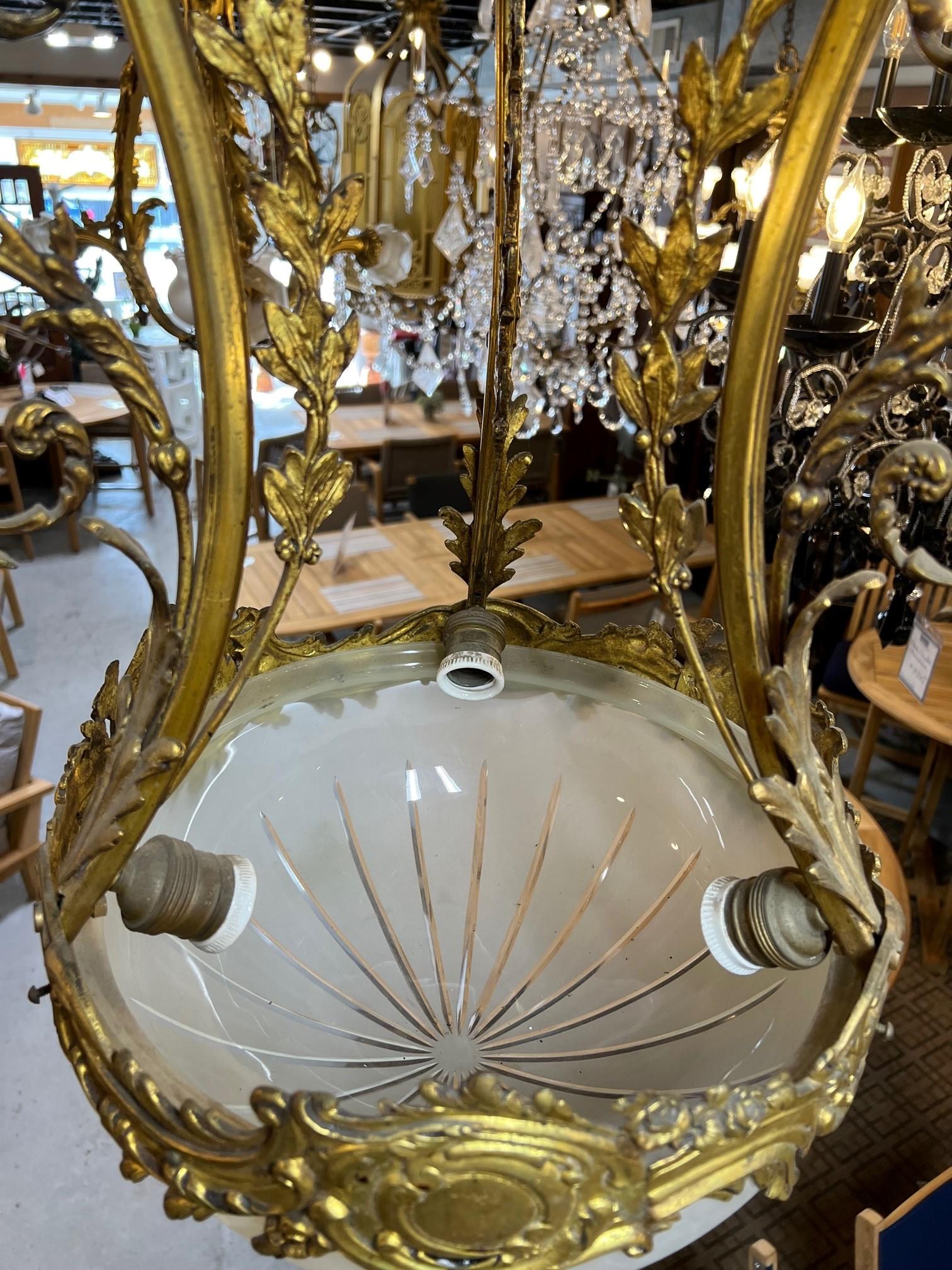 Early 20th Century Antique Bronze Chandelier, Cut Glass Bowl from Paris France For Sale 5