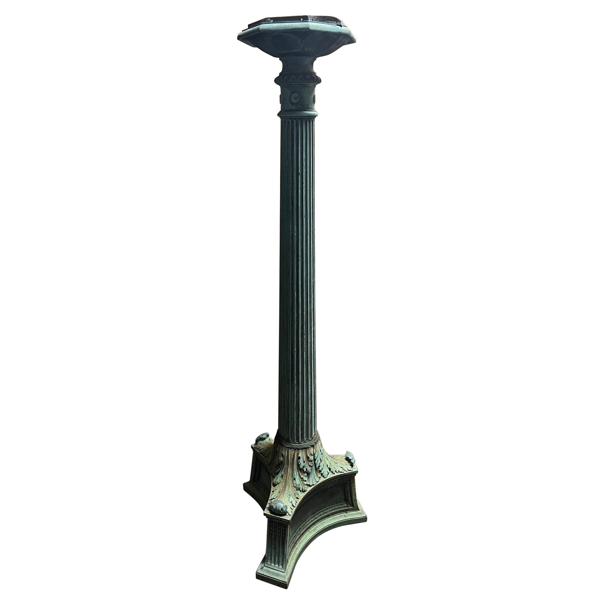 Early 20th Century Antique Bronze Fluted Lamp Post with a Triangular Base.