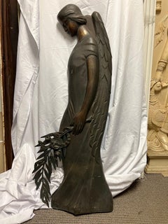 Early 20th Century Antique Bronze Praying, Mourning Angel with Palms